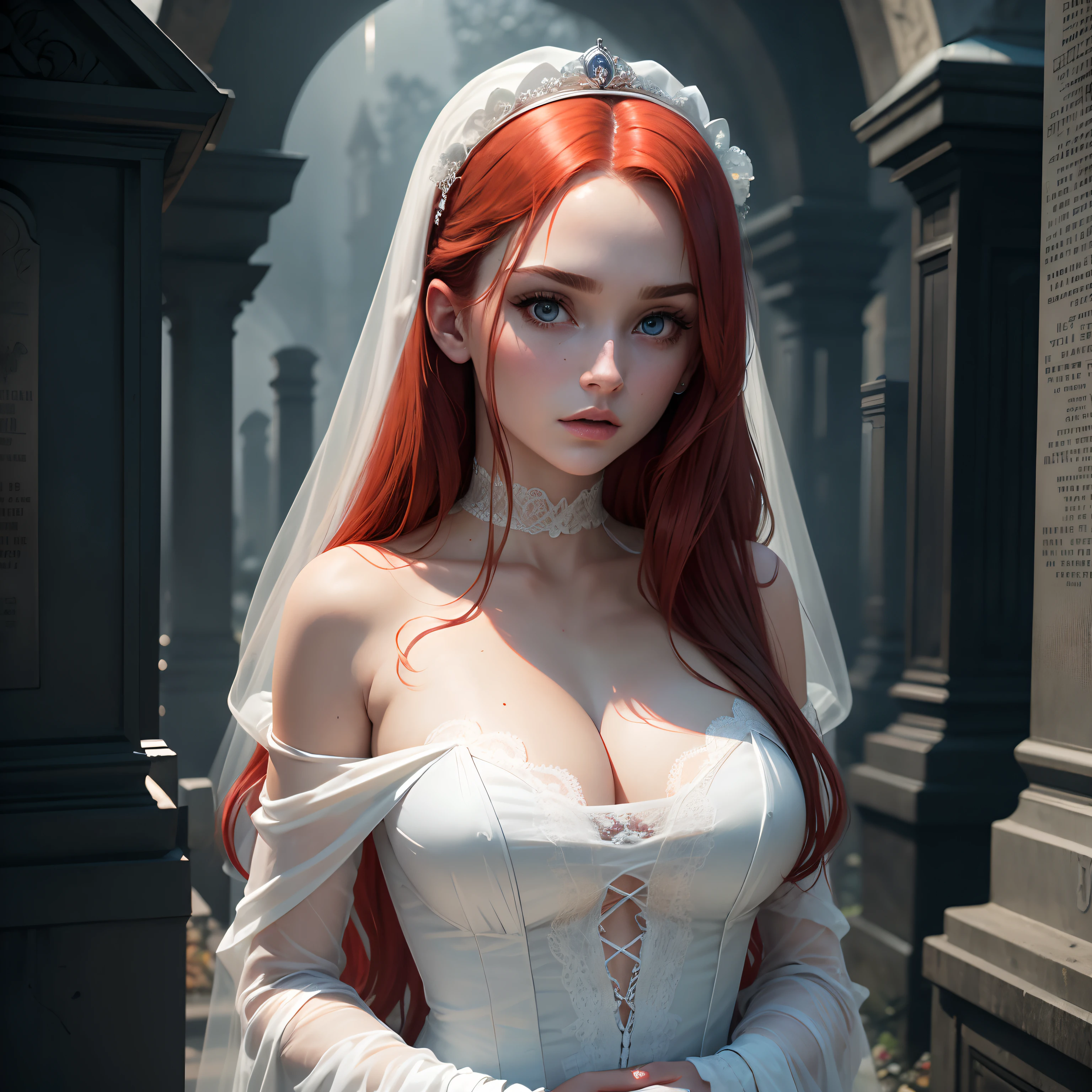 Movie footage of Mario Bava's horror movie, Full Medium Close-up, Gorgeous 18-year-old woman resembling Bella Thorne, long red hair, soft pale skin, Pretty and young々Shishi Face, Well-defined eyebrows, Light blue eyes, delicate nose, plump round lips, Walk through the Gothic cemetery at night in a white wedding dress, Foggy and rainy conditions, Ghostly atmosphere, 1600s, (high skin detail: 1.2), Ultra-detailed, Photorealsitic, depth of fields, Cinematic lighting, IMAX Camera, nffsw, nffsw, Full-HD, 8K