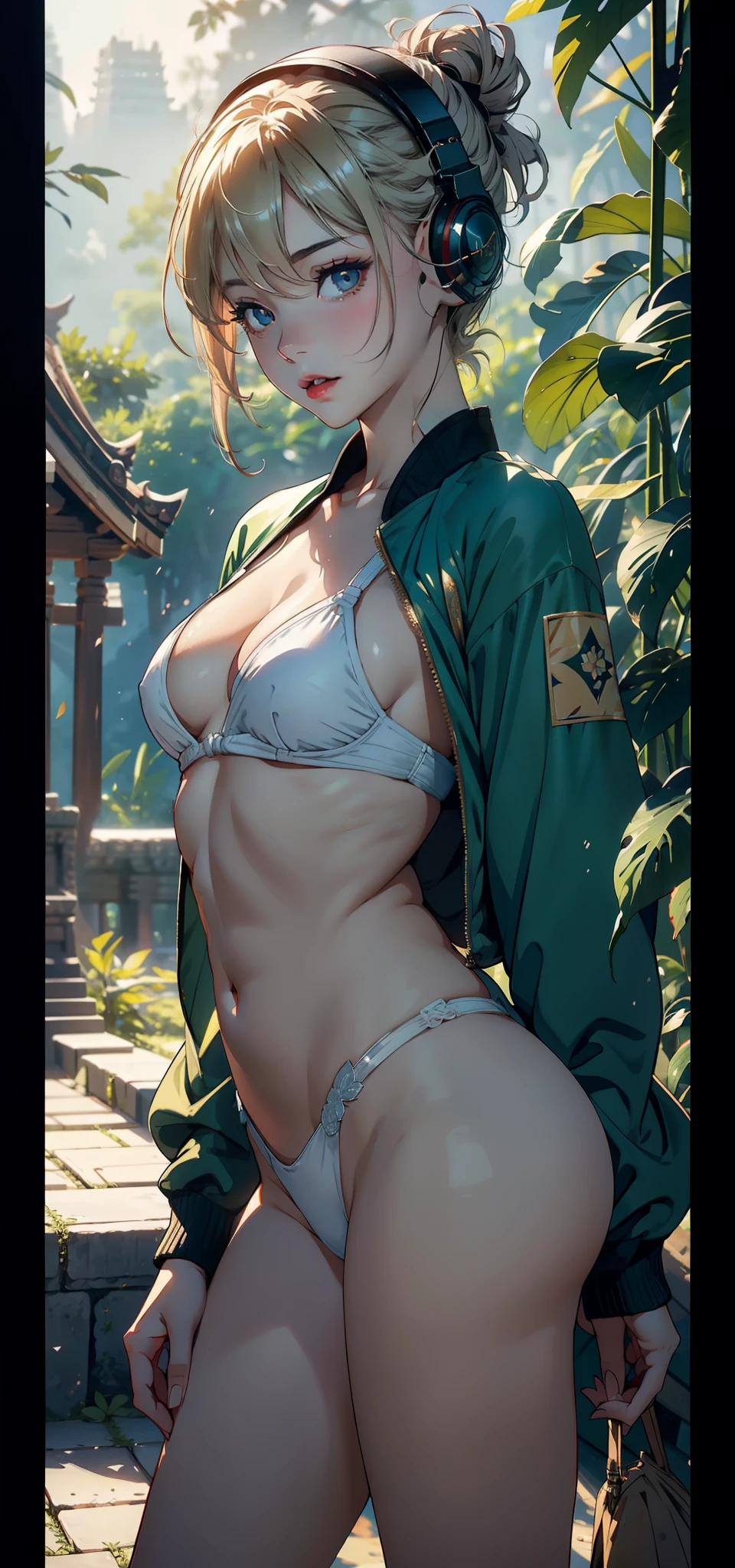 1female,Small , 独奏,(Background with:,Angkor Wat,the rainforest,lotus flower,) She has short blonde hair,bobo head,,seen from the front, standing in forest, mostly cloudy sky,(((tmasterpiece),(Very detailed CG unity 8K wallpaper),best qualtiy,cinmatic lighting,detailed back ground,beatiful detailed eyes,Bright pupils,Black eyes,Snow-whiteskin,Redlip(Very fine and beautiful),(Beautiful and detailed eye description),ultra - detailed,tmasterpiece,))facing at camera,A high resolution,ultra - detailed),revealing breasts,Bare genitalia, Bulge,legs are open,Raised sexy,Camel toes,Flushed complexion,Desire for dissatisfaction,frontage,(Wearing:,headset on head,green colored bomber jacket,slippers)