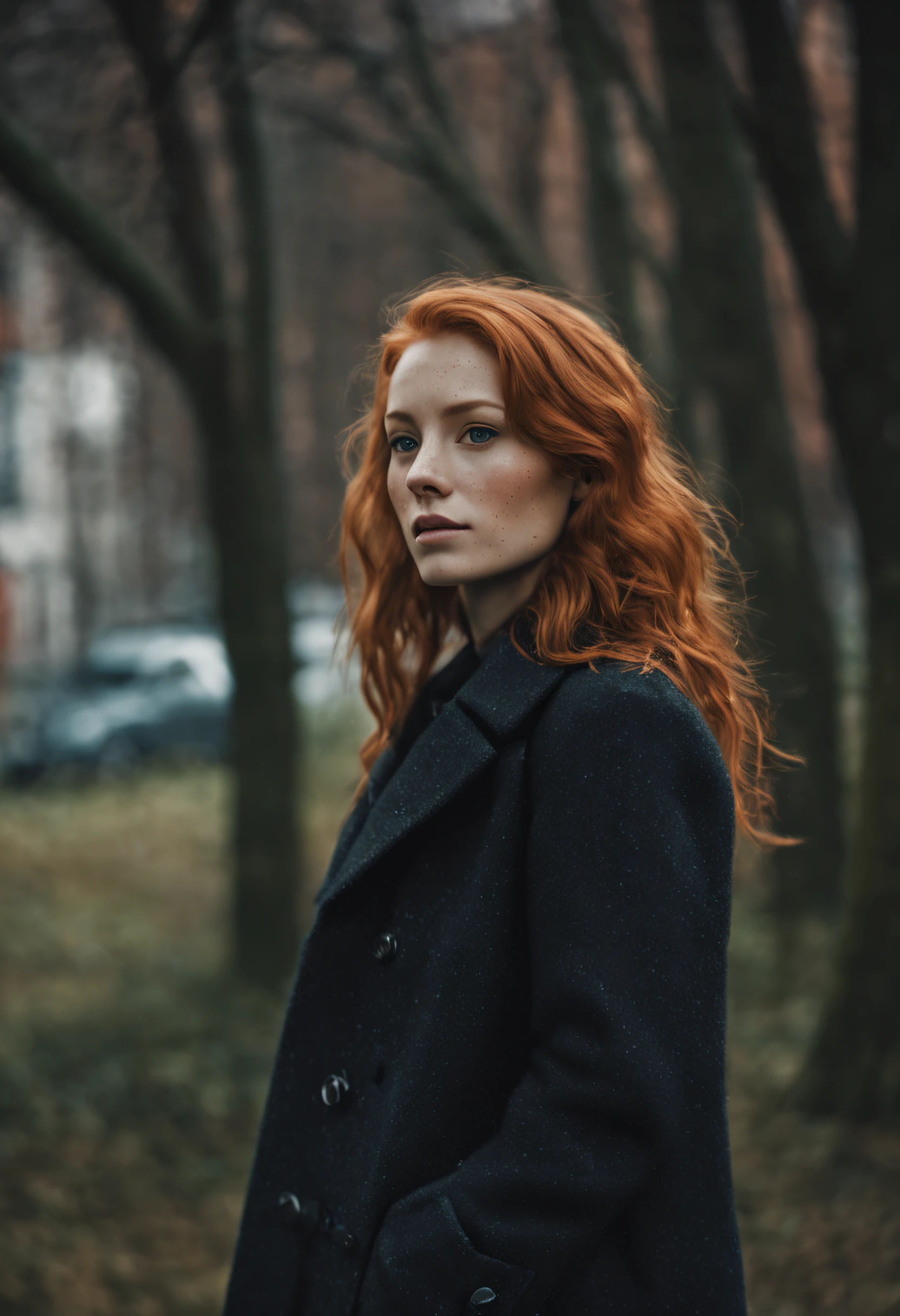 cinematic photo (art by Mathias Goeritz:0.9) , photograph, Lush Girlfriend, Tax collector, Rich ginger hair, Winter, tilt shift, Horror, specular lighting, film grain, Samsung Galaxy, F/5, (cinematic still:1.2), freckles . 35mm photograph, film, bokeh, professional, 4k, highly detailed