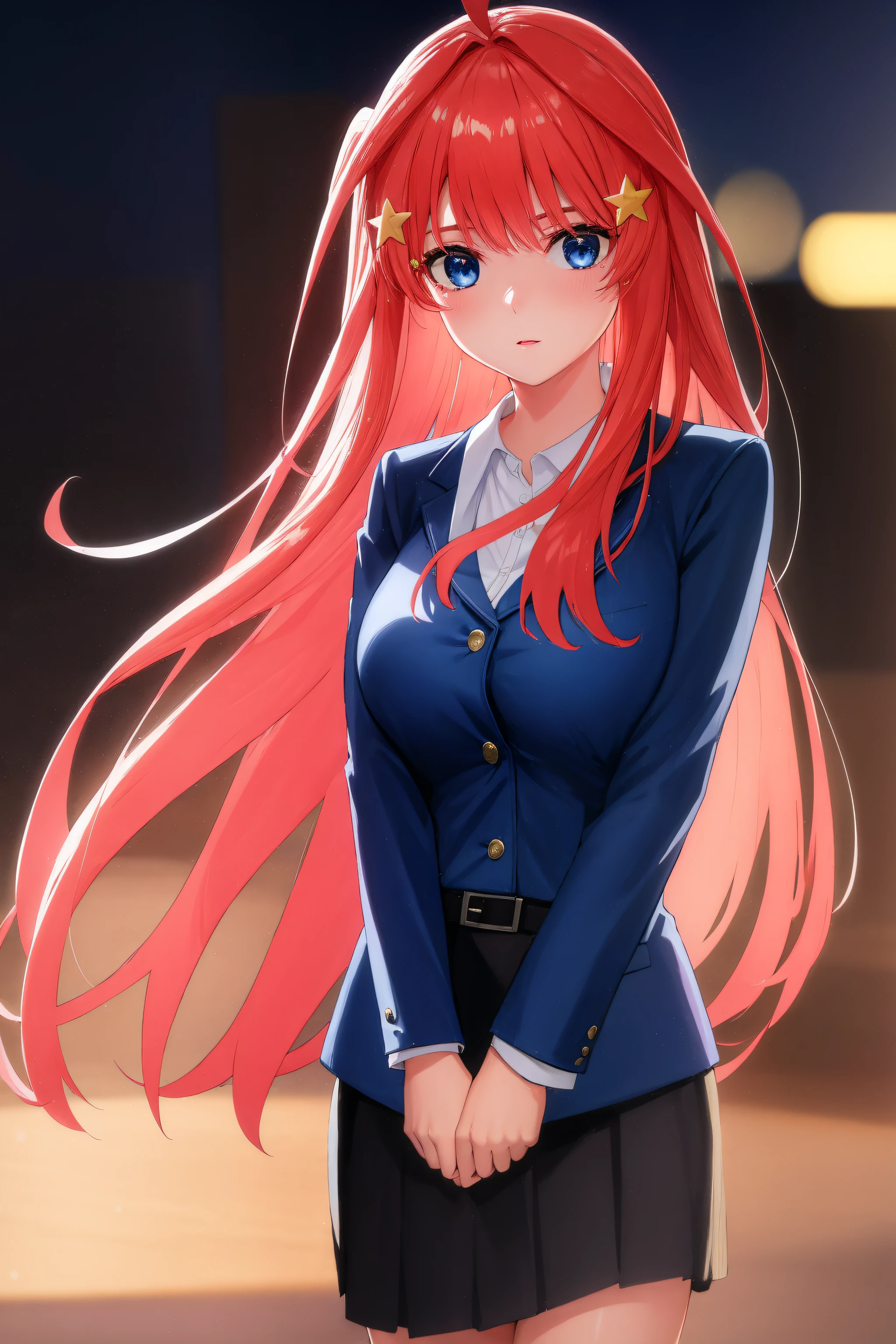 (Night:1.7), standing in front of a black background with green and blue lights,
 blue jacket,school_uniform, pink shirt, collared_shirt,pink_cardigan,
 itsuki nakano, bangs, blue eyes, hair between eyes, ahoge, red hair, star \(symbol\), hair ornament, star hair ornament,
1 girl, 20yo,mature female,Beautiful Finger,Beautiful long legs,Beautiful body,Beautiful Nose,Beautiful character design, perfect eyes, perfect face,
looking at viewer, (big_eyes:1.0),(Light_smile:0.3),
official art,extremely detailed CG unity 8k wallpaper, perfect lighting,Colorful, Bright_Front_face_Lighting,
(masterpiece:1.0),(best_quality:1.0), ultra high res,4K,ultra-detailed,
photography, 8K, HDR, highres, absurdres:1.2, Kodak portra 400, film grain, blurry background, bokeh:1.2, lens flare, (vibrant_color:1.2)
(Beautiful,medium_Breasts:1.4), (beautiful_face:1.5),(narrow_waist),(perfect hands, perfect anatomy),