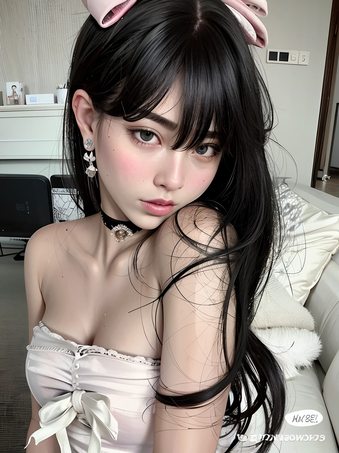 Hay una mujer con un lazo rosa en la cabeza, ulzzang, pale porcelain white skin, con cabello largo y ojos penetrantes, pale fair skin!!, Ella tiene el pelo negro con flequillo, cruel korean goth girl, whitebangsblackhair, pale goth beauty, cabello negro y ojos grandes, pale milky white porcelain skin, Cabello largo y negro con flequillo