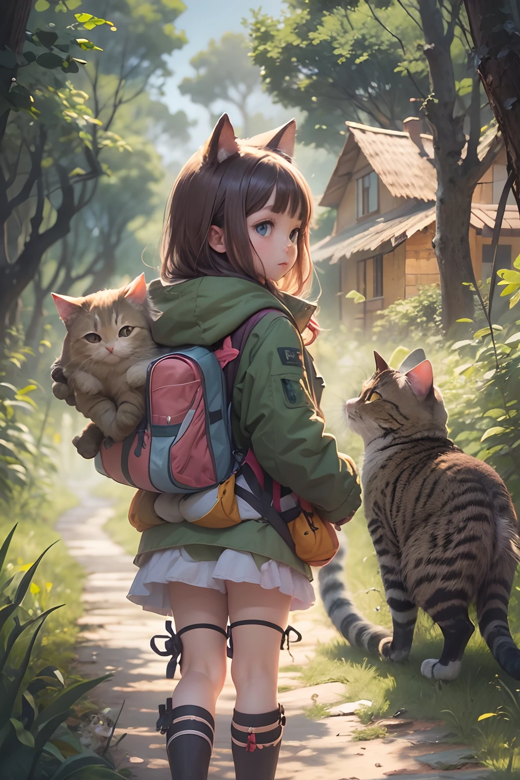 Girl and a cute cat with round eyes, Forest trail walk, Facing the shot, There are houses in the distance