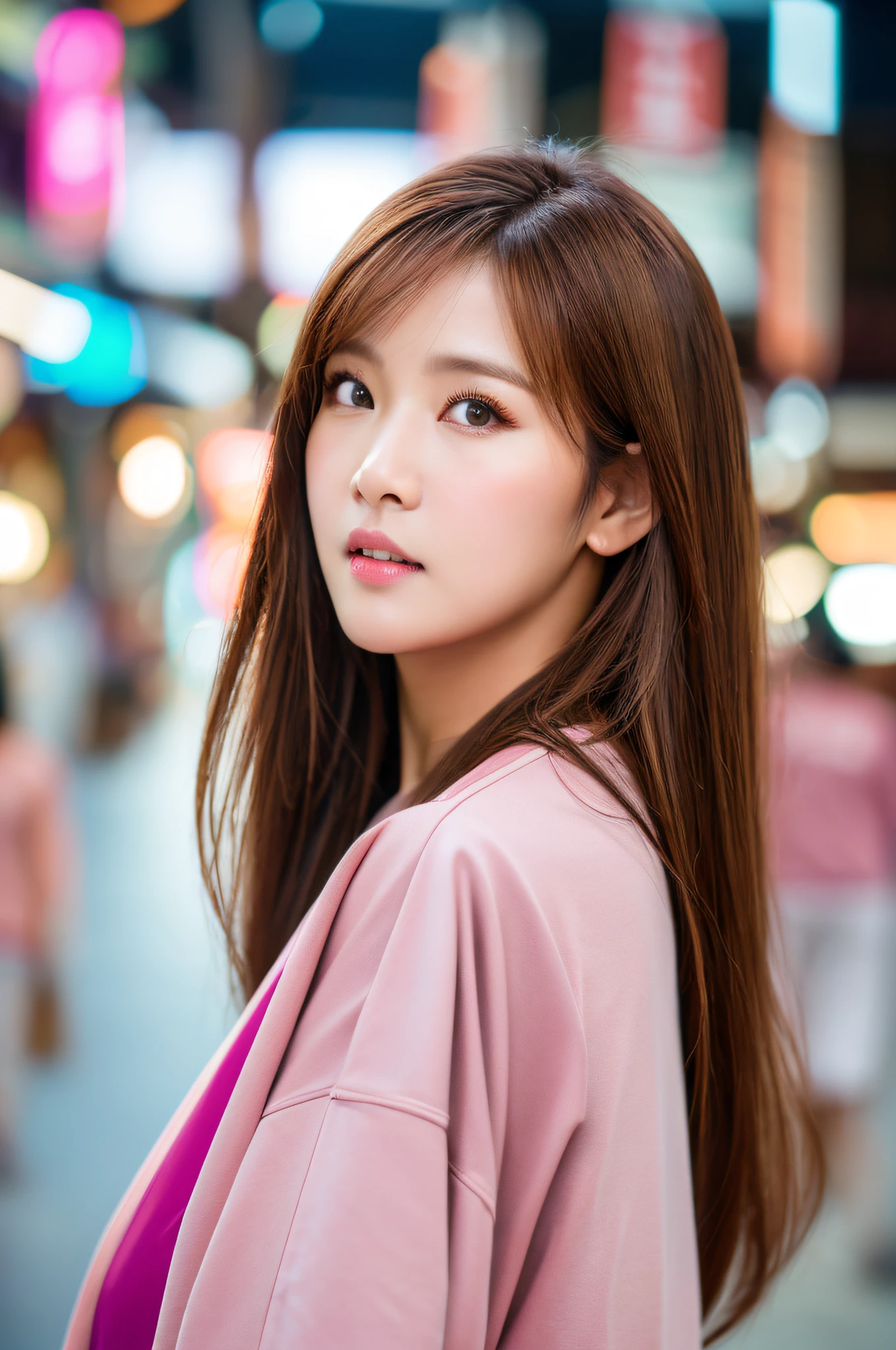 an adult photo model girl on the Thailand main street with brown skin, brown hair, wearing pink Huddie, 20deg side view, portrait, bokken, very high quality, master pieces, 4k ultra quality