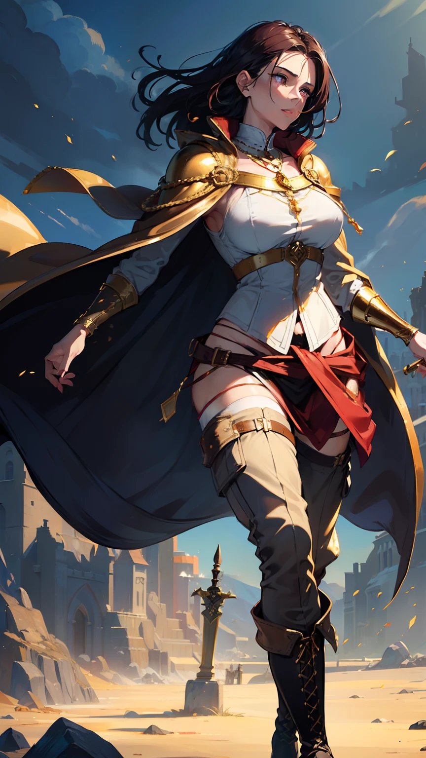 (((((middle age woman))))), masterpiece, ultra detailed, 8k portrait, RAW photo, portrait photography, highly detailed face, beautiful and meticulous eyes, ((Fantasy)), 1 woman, (((cool middle aged face))), grin, Adult beautiful, 32 years old, (((drooping eyes))), dynamic pose, (((black and dark red Slicked back hair))), (((white skin color))), Luxury, ((((gold gorgeous dressed)))), ((loincloth)), (((gold cargo pants))), (((big collar transparent long cloak))) fluttering in the wind, (((leather boots))), wearing lot of many accessory, ((jewel necklace)), (((holding a short sword))), neckline, Midday Sun, hyper realistic, athletic body, beautiful real sculptural body, big breasts, Beautiful breasts, Long legs, in the medieval european merchant guild, Ambient lighting, Shadow details , Camera focus on thigh, strong breeze, Light fog