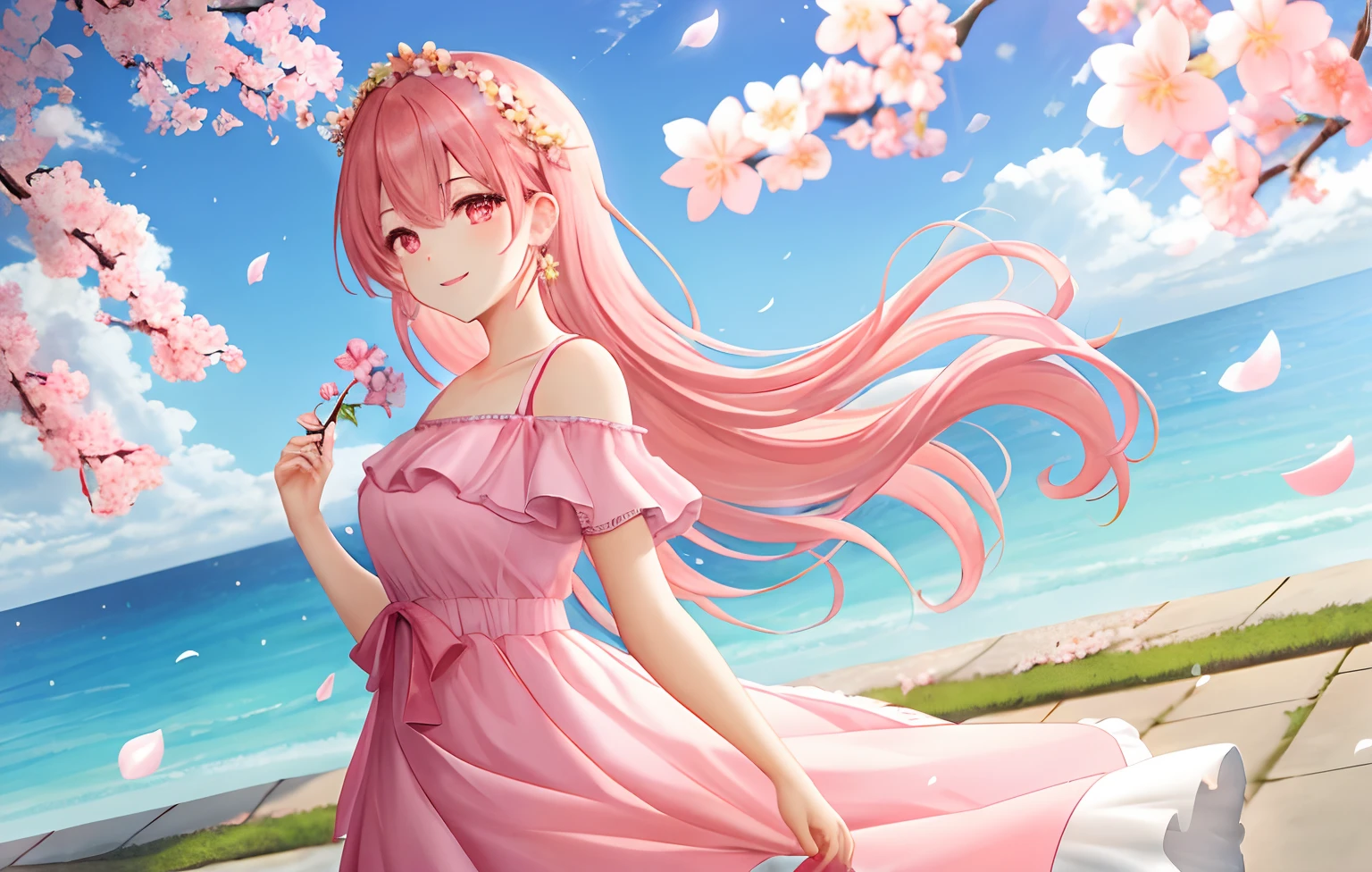 cherry_blossoms, falling_petals, petals, branch, pink_flower, 1girl, 20s, blue_sky, spring_\(season\), petals_on_liquid, flower, hanami, dress, (golden long curly hair: 1.5), wearing flower crown, sky, outdoor, clouds, bangs, smile, pink eyes, white dress with cherry blossoms, bare shoulders, earrings, best quality. Perfect image. holding_flower, wind, tree, looking_at_viewer, cowboy shot, detail enhancement.