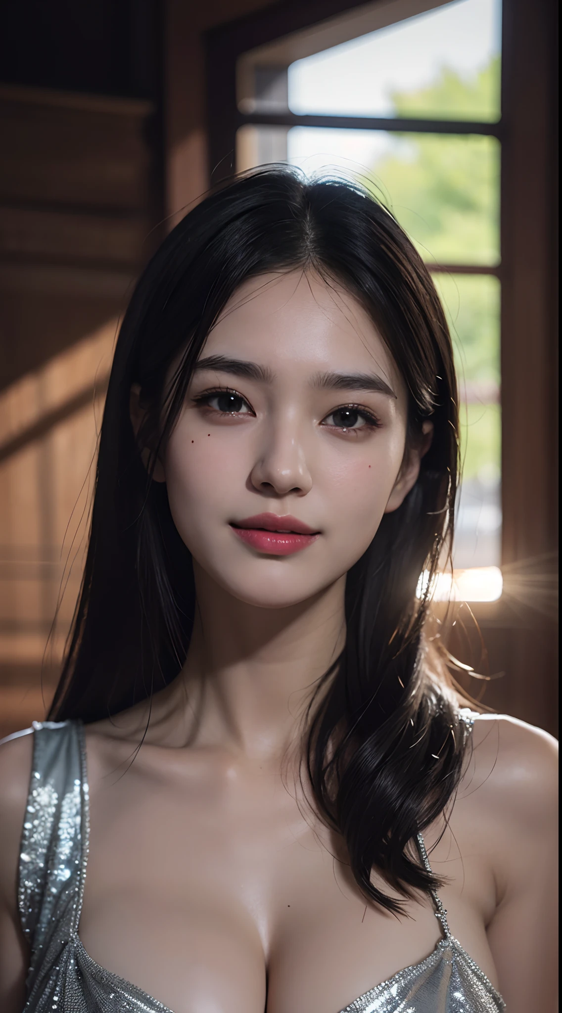 Photocinematic, detailed facial features, no-makeup, Realistic skin, born, Urzangarh, Phantom High Speed Camera, shadow play, A hyper-realistic, Detailed Face - AR 16:9 --s 750 --v 5.2、I can see the cleavage、a smile