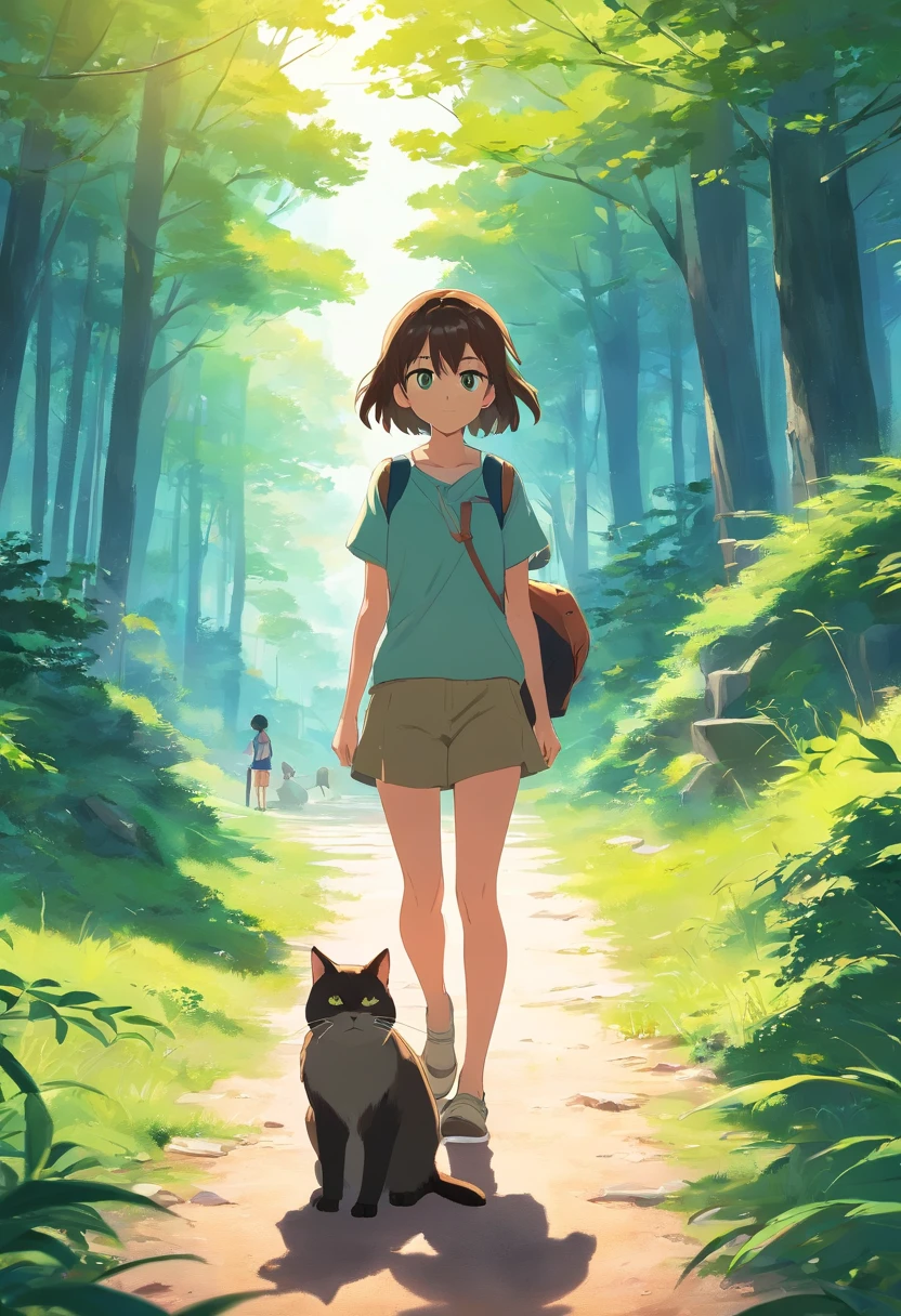 Girl and a cute cat with round eyes, Forest trail walk, Facing to the viewer, There are houses in the distance