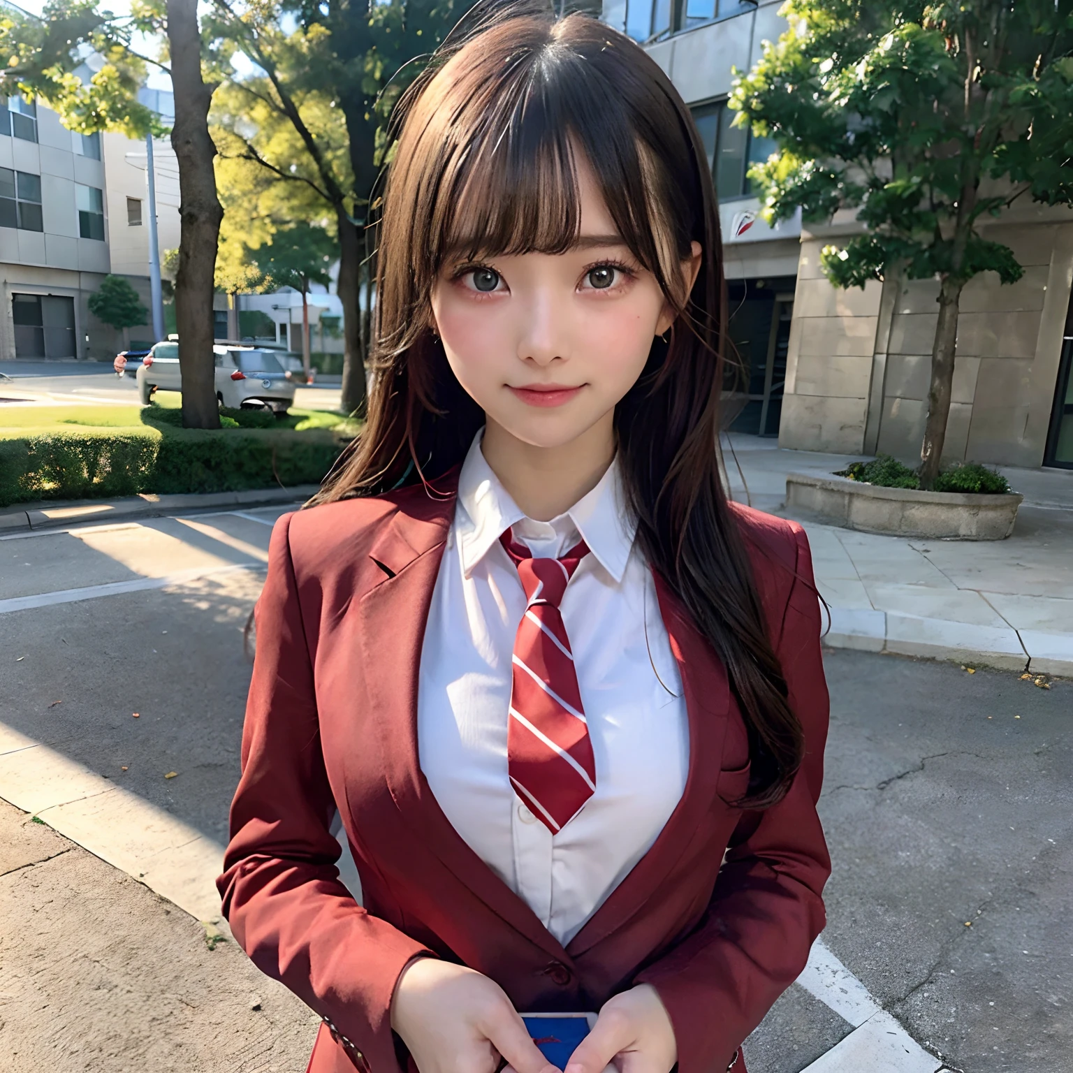 masutepiece, 8K, top-quality, ​masterpiece, 超A high resolution, (Photorealsitic:1.4), In the school, Perfect dynamic composition, Highly detailed skin and eye and face texture:1.3, 1girl in, cute sexy high schoolgirl, tilt the neck, ((I'm crying because I'm glad to see you:1.3)), Fair skin, ((High school girl blazer uniform with red tie:1.2)), Beautiful blue eyes, Eyes that feel beautiful eros, (I like you furiously:1.2, Hold the gift box in front of your chest with both hands:1.2), Sexy face, red blush:1.1, A mouthfeel that feels beautiful eros:1.1, Duck mouth, Open valley:1.1, Well-shaped big, (Too erotic:1.15)