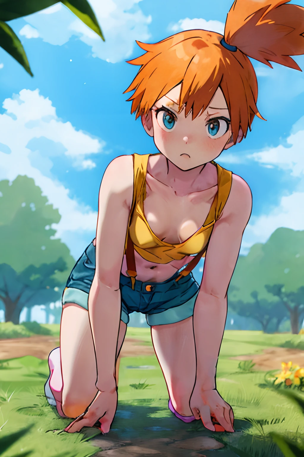 masterpiece, best quality, highres, 1girl, misty (pokemon), orange hair, solo, shorts, suspenders, side ponytail, orange hair, midriff, yellow crop top, navel, short hair, denim, denim shorts, confused expression, cowboy shot, outdoors, small breasts, Externally expanded Chest, ((((on all fours)))), ((downblouse)), ((leaned forward)), thick thighs