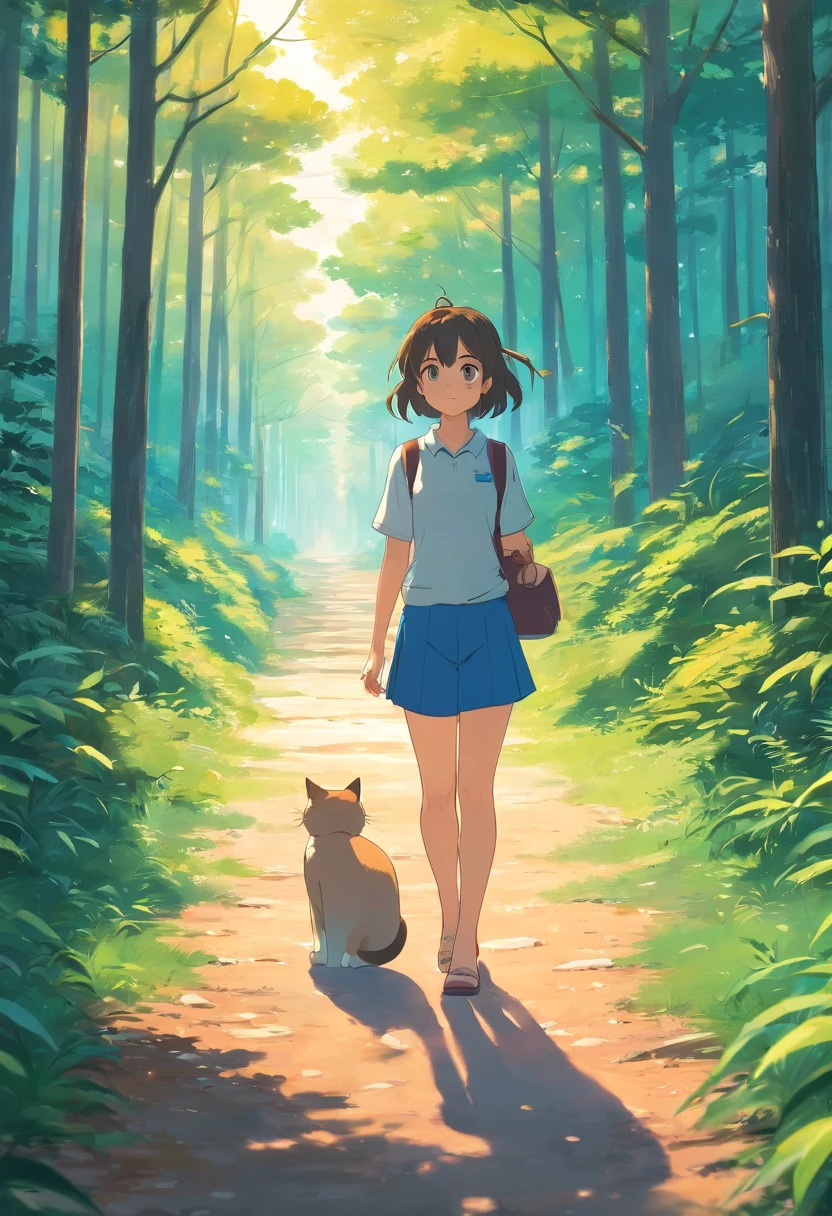 Girl and a cute cat with round eyes, Forest trail walk, Facing to the viewer, There are houses in the distance