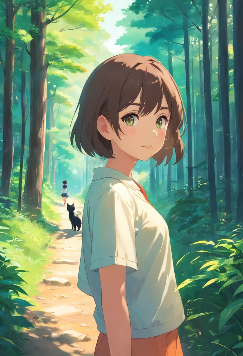 Girl and a cute cat with round eyes, Forest trail walk, Facing to the viewer, There are houses in the distance