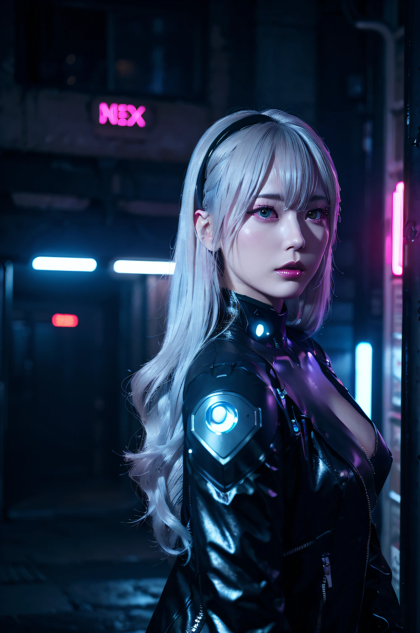 Neon Noir Beautiful Female Semi Robot,Looking at Viewer, . Cyberpunk, Dark, Back alley, neon signs, High contrast, low illuminance, Vibrant, Highly detailed, Silver ash hair color, Luminous Eyes