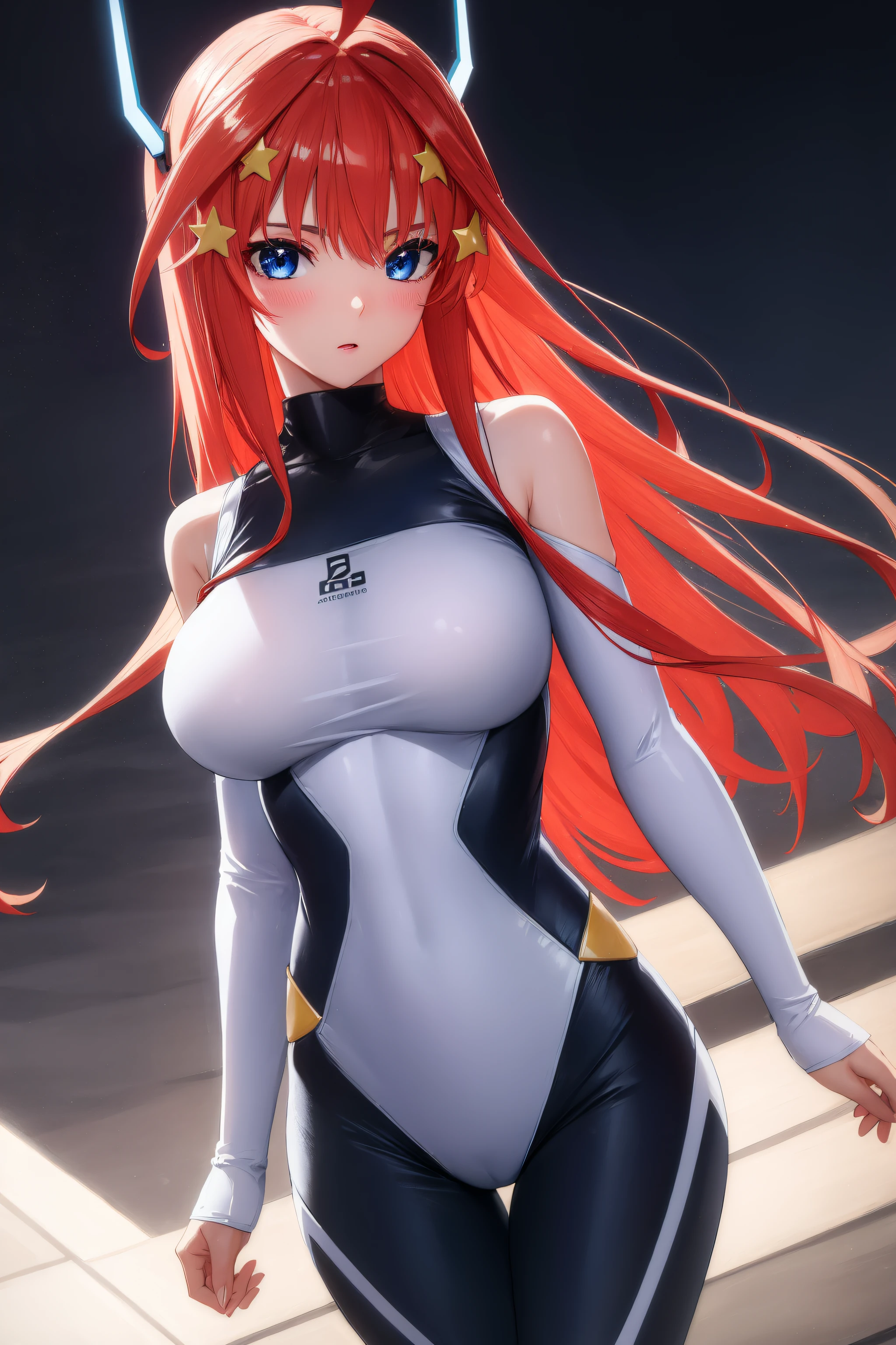 (Night:1.7), standing in front of a black background with green and blue lights,
bodysuit, headgear, plugsuit, white bodysuit,
itsuki nakano, bangs, blue eyes, hair between eyes, ahoge, red hair, star \(symbol\), hair ornament, star hair ornament,
1 girl, 20yo,mature female,Beautiful Finger,Beautiful long legs,Beautiful body,Beautiful Nose,Beautiful character design, perfect eyes, perfect face,
looking at viewer, (big_eyes:1.0),(Light_smile:0.3),
official art,extremely detailed CG unity 8k wallpaper, perfect lighting,Colorful, Bright_Front_face_Lighting,
(masterpiece:1.0),(best_quality:1.0), ultra high res,4K,ultra-detailed,
photography, 8K, HDR, highres, absurdres:1.2, Kodak portra 400, film grain, blurry background, bokeh:1.2, lens flare, (vibrant_color:1.2)
(Beautiful,medium_Breasts:1.4), (beautiful_face:1.5),(narrow_waist),(perfect hands, perfect anatomy),