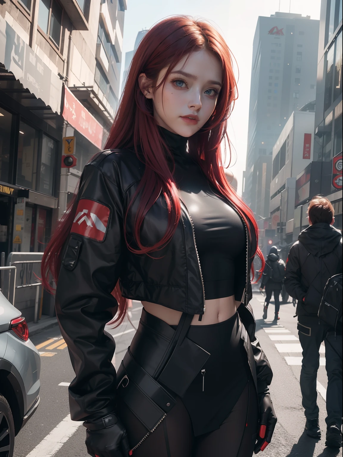 Masterpiece , A girl , Red long-haired , Blue eyes , Gradient , Perfect figure , ( techwear outfits:1.2) , Cyberpunk , future , modernity , at cyberpunk city, lite smile , Detailed face ,, , (8K, Best quality 1.2), Ultra-detailed, 8K UHD,, Soft lighting, High quality, filmgrain, Beautiful lighting,, (Cinematic:1.4) ,Perfect body , Best illumination, Best shadow, Sharpness, Contrast,