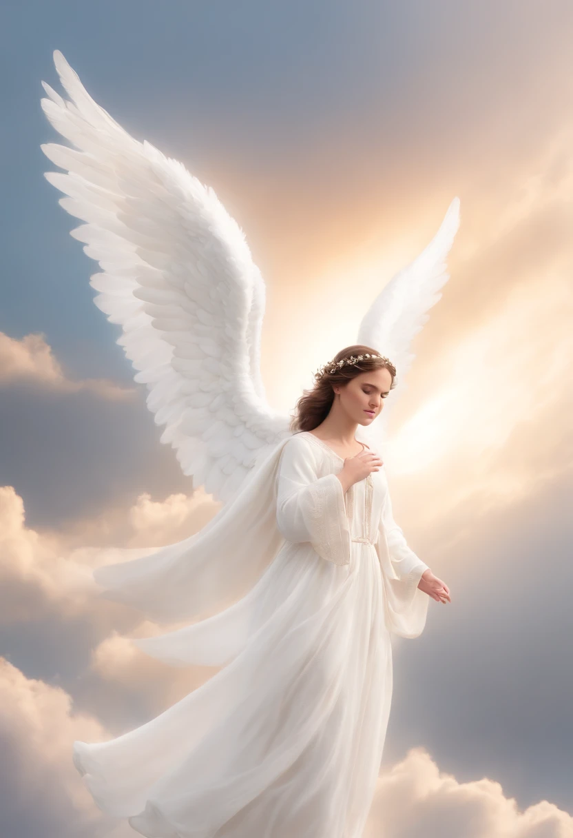 anjo rezando, Prayer position, wearing tunic, asas nas costas, halo, olhando para o espectador de frente, coroa de luz, rosto angelical, triste, 4k, 8k, 16k, mistic, ethereal, nuvens ao fundo, tristeza