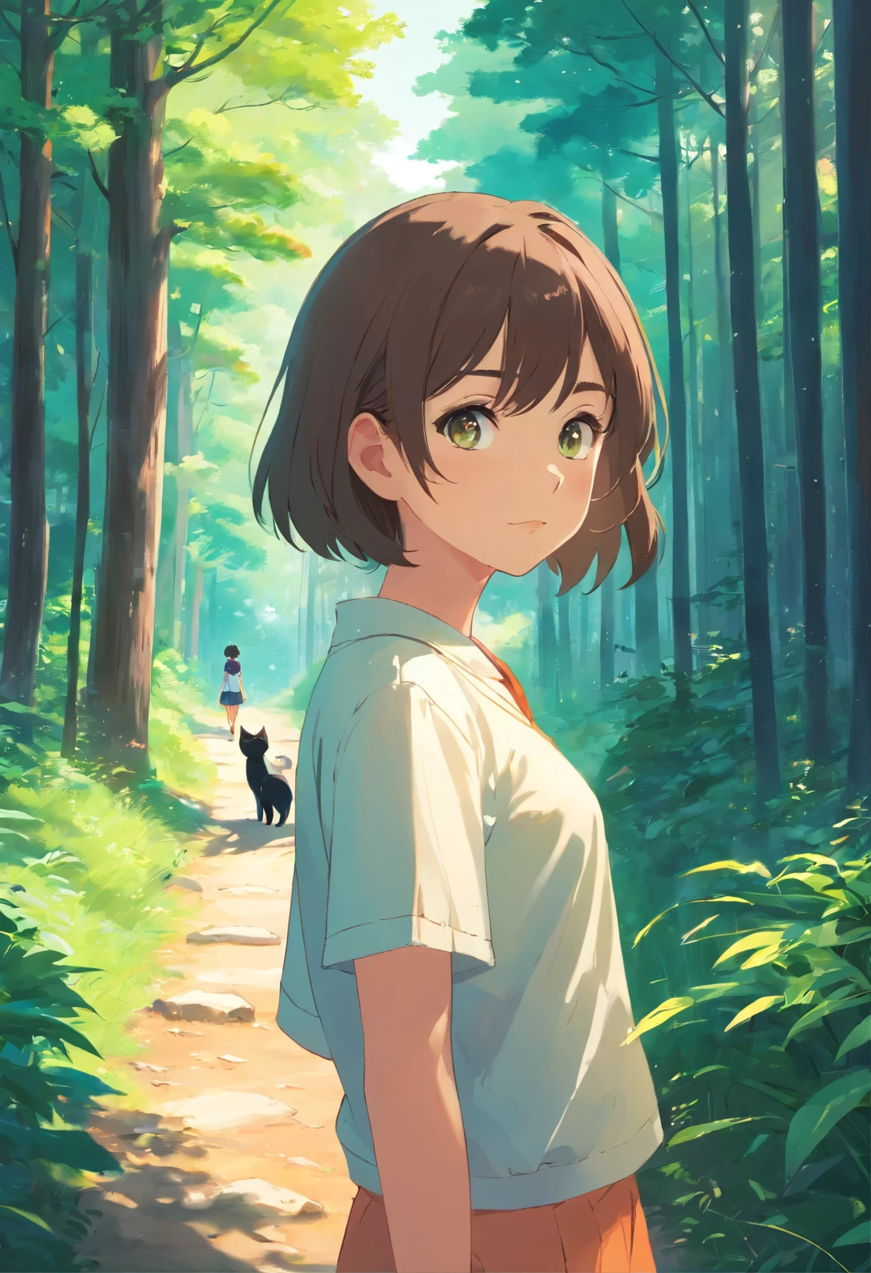 Girl and a cute cat with round eyes, Forest trail walk, Facing to the viewer, There are houses in the distance