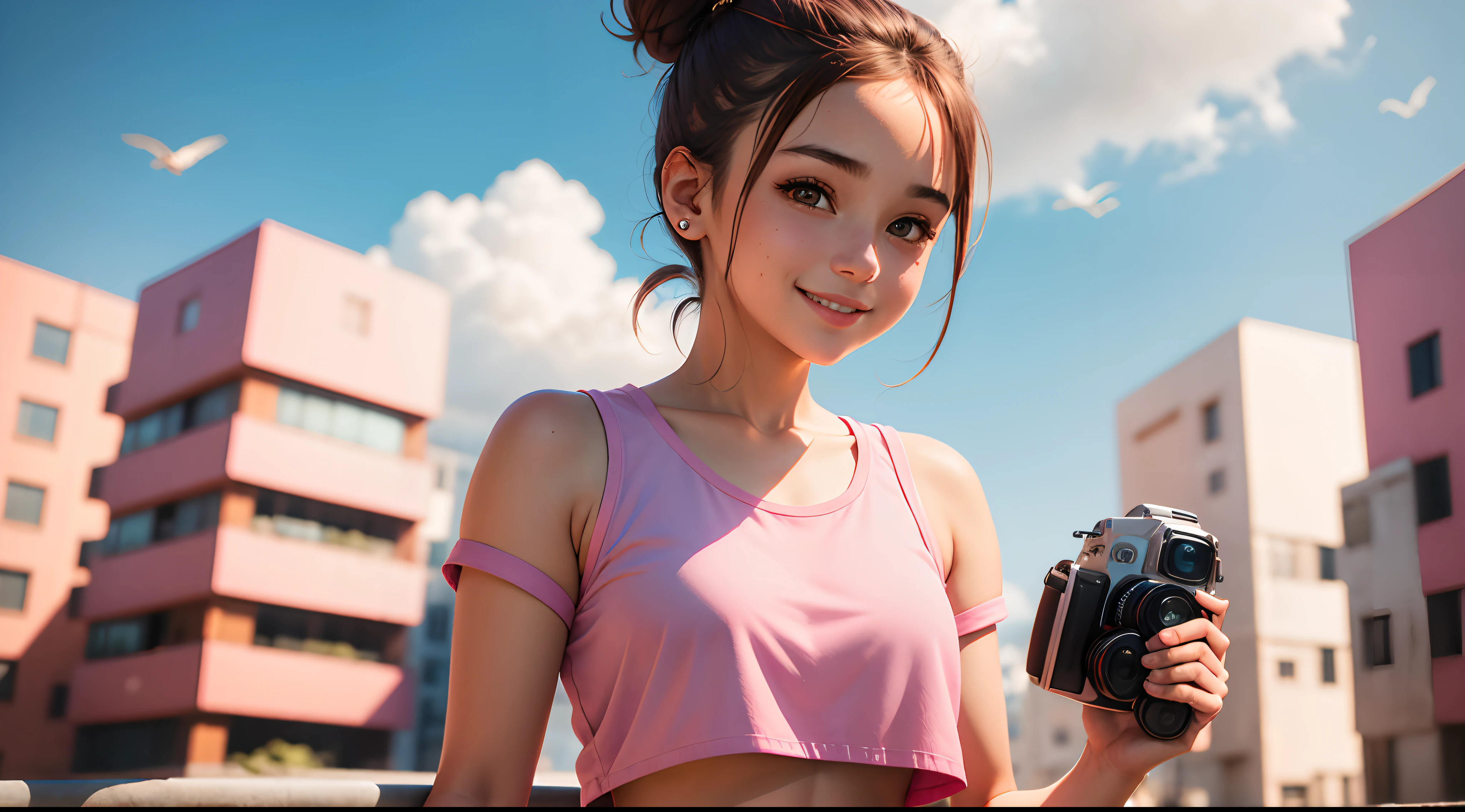 detailed background, sharp focus, blue sky, birds chirping, 1girl, brown hair, bun hair, wear ear stud, wearing pink cropped top, pink shorts, holding camera, smile sweetly, look at the camera