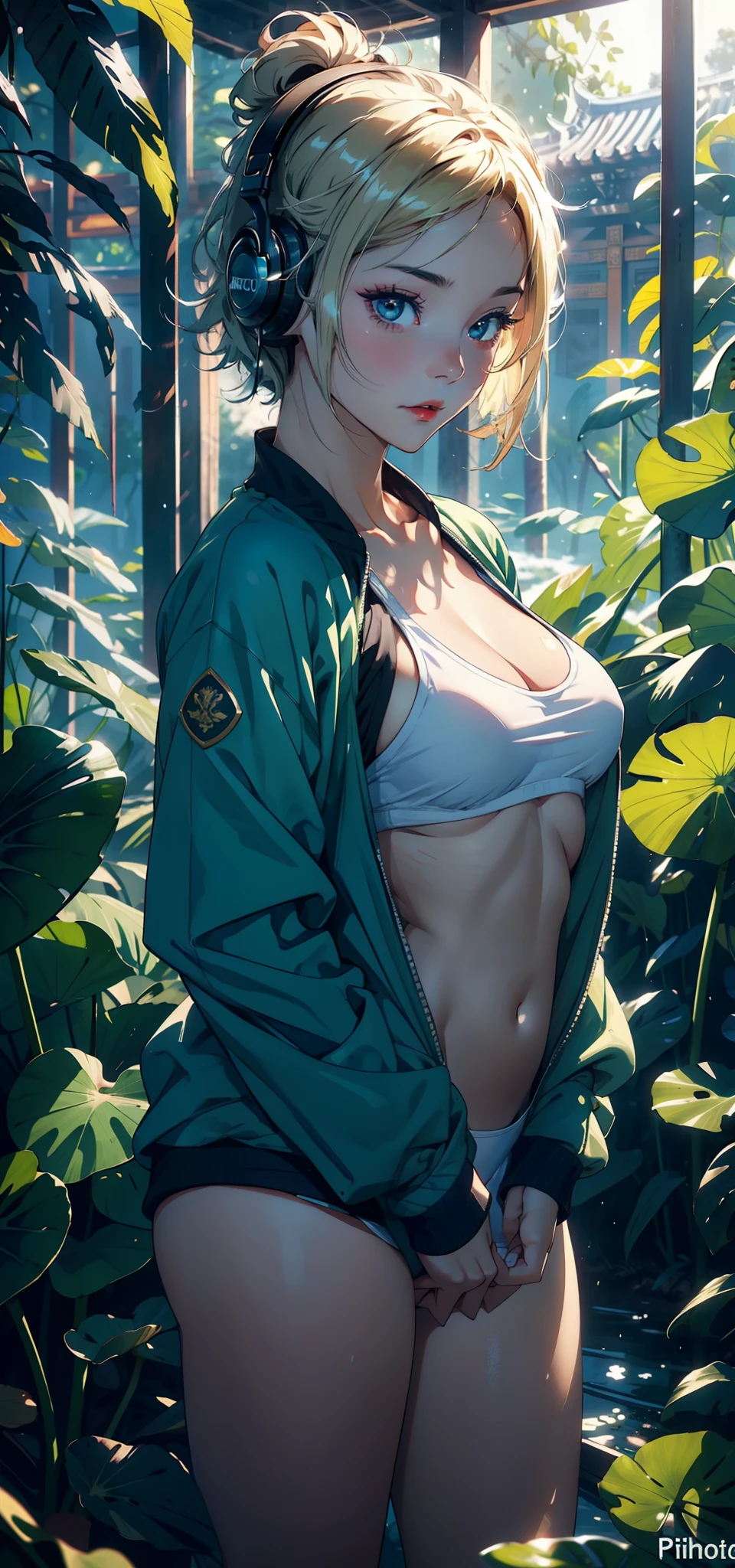 1female,Small , 独奏,(Background with:,Angkor Wat,the rainforest,lotus flower,) She has short blonde hair,bobo head,,seen from the front, standing in forest, mostly cloudy sky,(((tmasterpiece),(Very detailed CG unity 8K wallpaper),best qualtiy,cinmatic lighting,detailed back ground,beatiful detailed eyes,Bright pupils,Black eyes,Snow-whiteskin,Redlip(Very fine and beautiful),(Beautiful and detailed eye description),ultra - detailed,tmasterpiece,))facing at camera,A high resolution,ultra - detailed),revealing breasts,Bare genitalia, Bulge,legs are open,Raised sexy,Camel toes,Flushed complexion,Desire for dissatisfaction,frontage,(Wearing:,headset on head,green colored bomber jacket,athletic sneakers)Show shoes