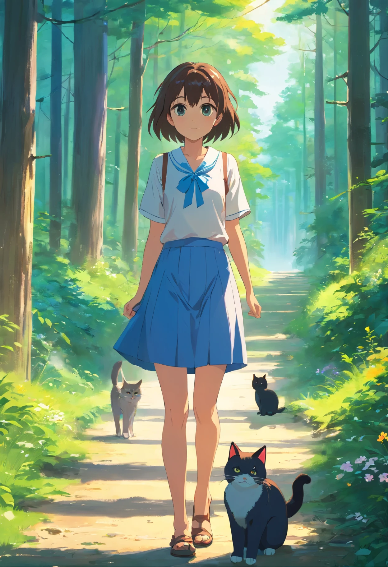 Girl and a cute cat with round eyes, Facing to the viewer,Forest trail walk, wild flower, There are houses in the distance