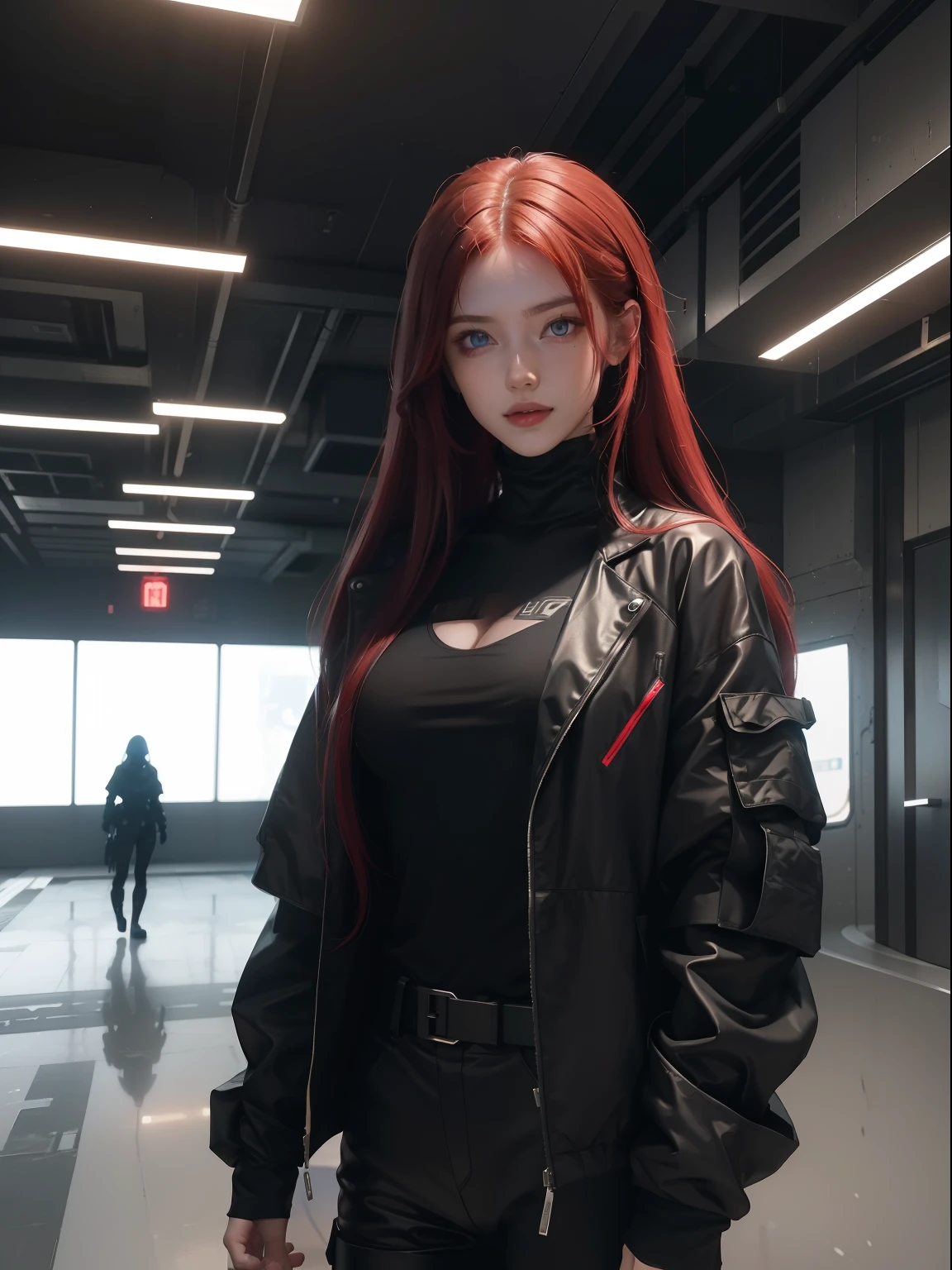 Masterpiece , A girl , Red long-haired , Blue eyes , Gradient , Perfect figure , ( techwear outfits:1.2) , Cyberpunk , future , Modernity , at cyberpunk city, lite smile , Detailed face ,, , (8K, Best quality 1.2), Ultra-detailed, 8K Ultra HD,, Soft lighting, High quality, filmgrain, Beautiful lighting,, (Cinematic:1.4) ,Perfect body , Best illumination, Best shadow, Sharpness, Contrast,