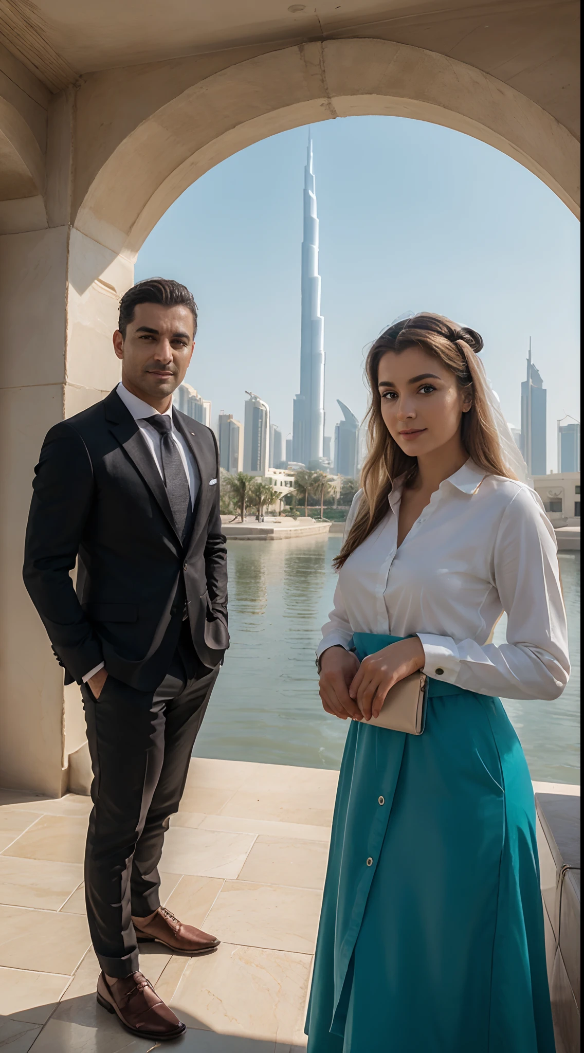 agentes inmobiliarios, en el fondo dubai, ambiente de lujo, super detallado, realista, 8k, profesional photo, face detailed, perfect face