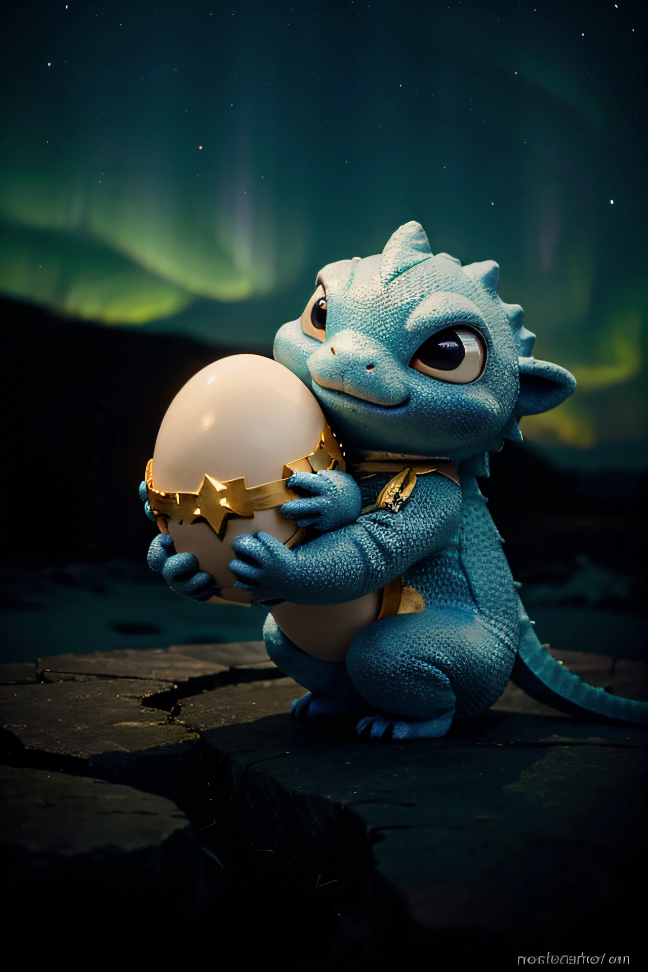 Little cute baby dragon hugging a huge egg, northern lights, a starry sky