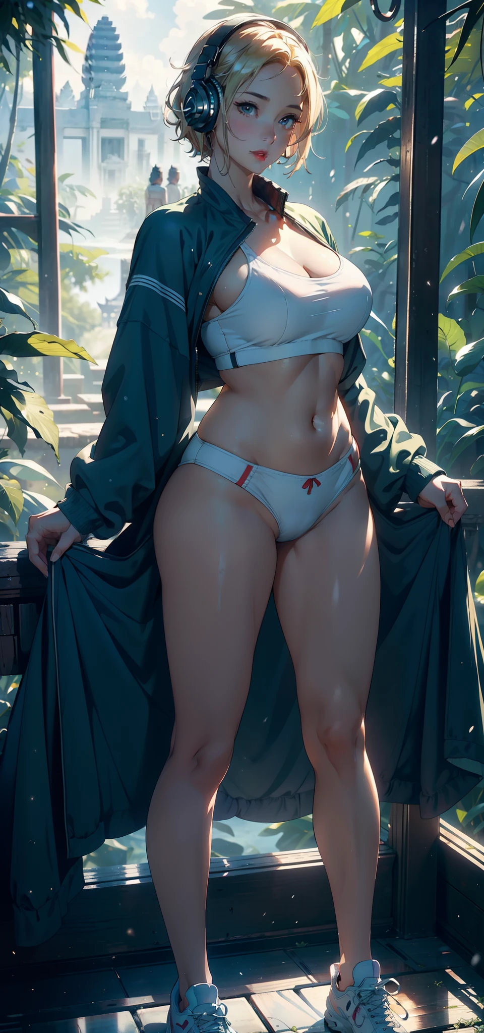 1female,45 yers old,Married Woman,熟妇,mature,plumw,extremely large bosom,big breasts thin waist,long leges, 独奏,(Background with:,Angkor Wat,the rainforest,lotus flower,) She has short blonde hair,bobo head,,seen from the front, standing in forest, mostly cloudy sky,(((tmasterpiece),(Very detailed CG unity 8K wallpaper),best qualtiy,cinmatic lighting,detailed back ground,beatiful detailed eyes,Bright pupils,Black eyes,Snow-whiteskin,Redlip(Very fine and beautiful),(Beautiful and detailed eye description),ultra - detailed,tmasterpiece,))facing at camera,A high resolution,ultra - detailed),revealing breasts,Bare genitalia, Bulge,legs are open,Raised sexy,Camel toes,Flushed complexion,Desire for dissatisfaction,frontage,(Wearing:,headset on head,green colored bomber jacket,athletic sneakers)Show shoes