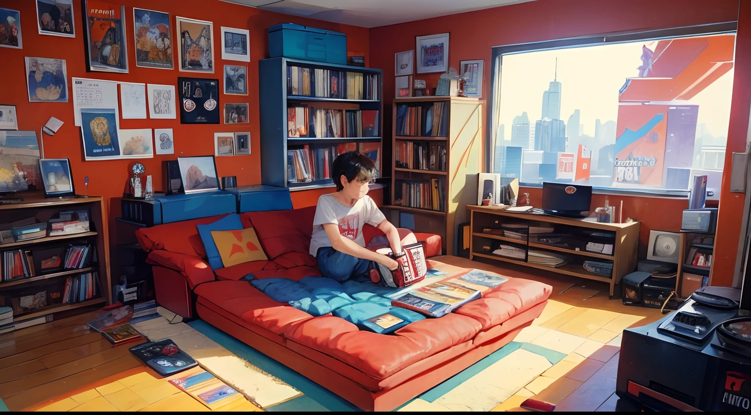 Panoramic view of the room, boy playing with a video game console, wearing an Atari logo t-shirt, jeans, red sneakers, Casio watch, room with sofas and cushions, posters on the walls of movies and games from the 80s, floppy disks, VHS tapes, books.