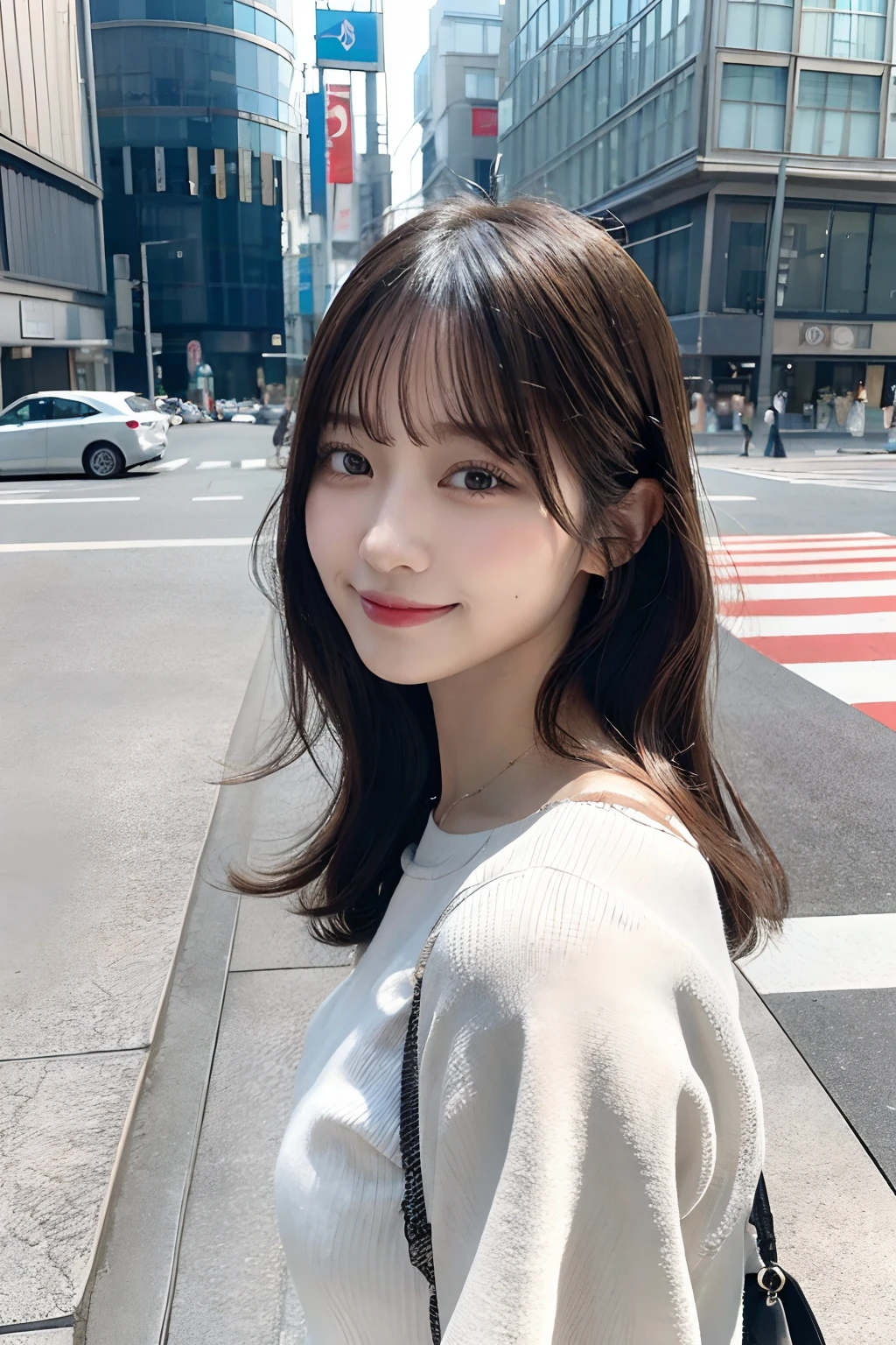 masutepiece, Best Quality, Illustration, Ultra-detailed, finely detail, hight resolution, 8K Wallpaper, Perfect dynamic composition, Beautiful detailed eyes, Medium Hair, Natural Color Lip, Random Poses,Smile,Aoyama Street Walk、20 years girl, 8K,RAW photogr,best qualtiy,tmasterpiece,(realisticlying,Photorealsitic:1.37),(look at the audience:1.331),posing in the,Street Tokyo,one girls,moyou