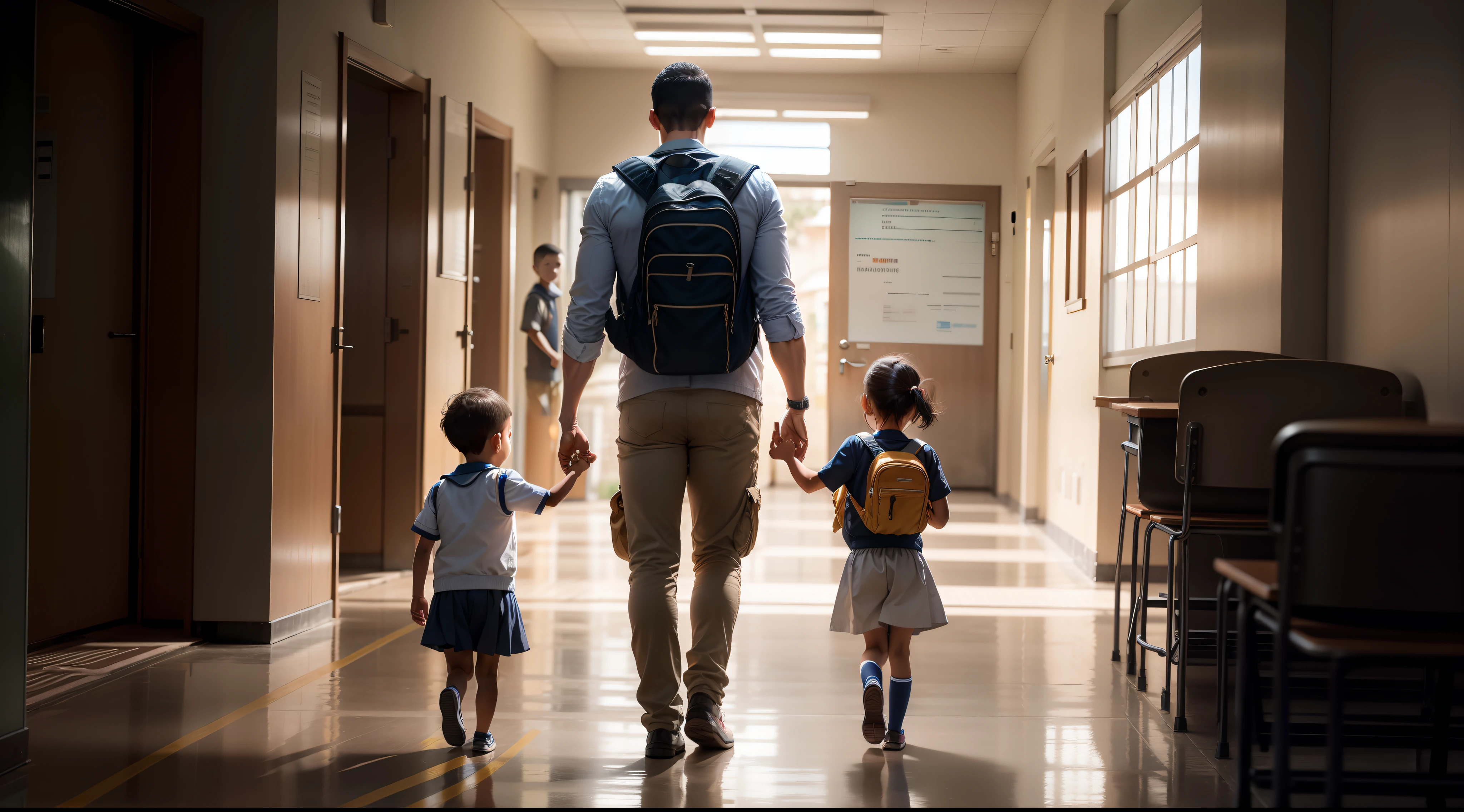 Image of a 2 year old child being led to school by his mom and dad , view of in school