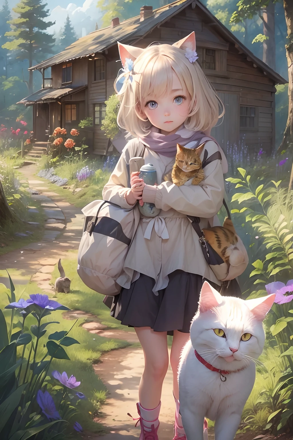 Girl and a cute cat with round eyes, Facing to the viewer,Forest trail walk, wild flower, There are houses in the distance