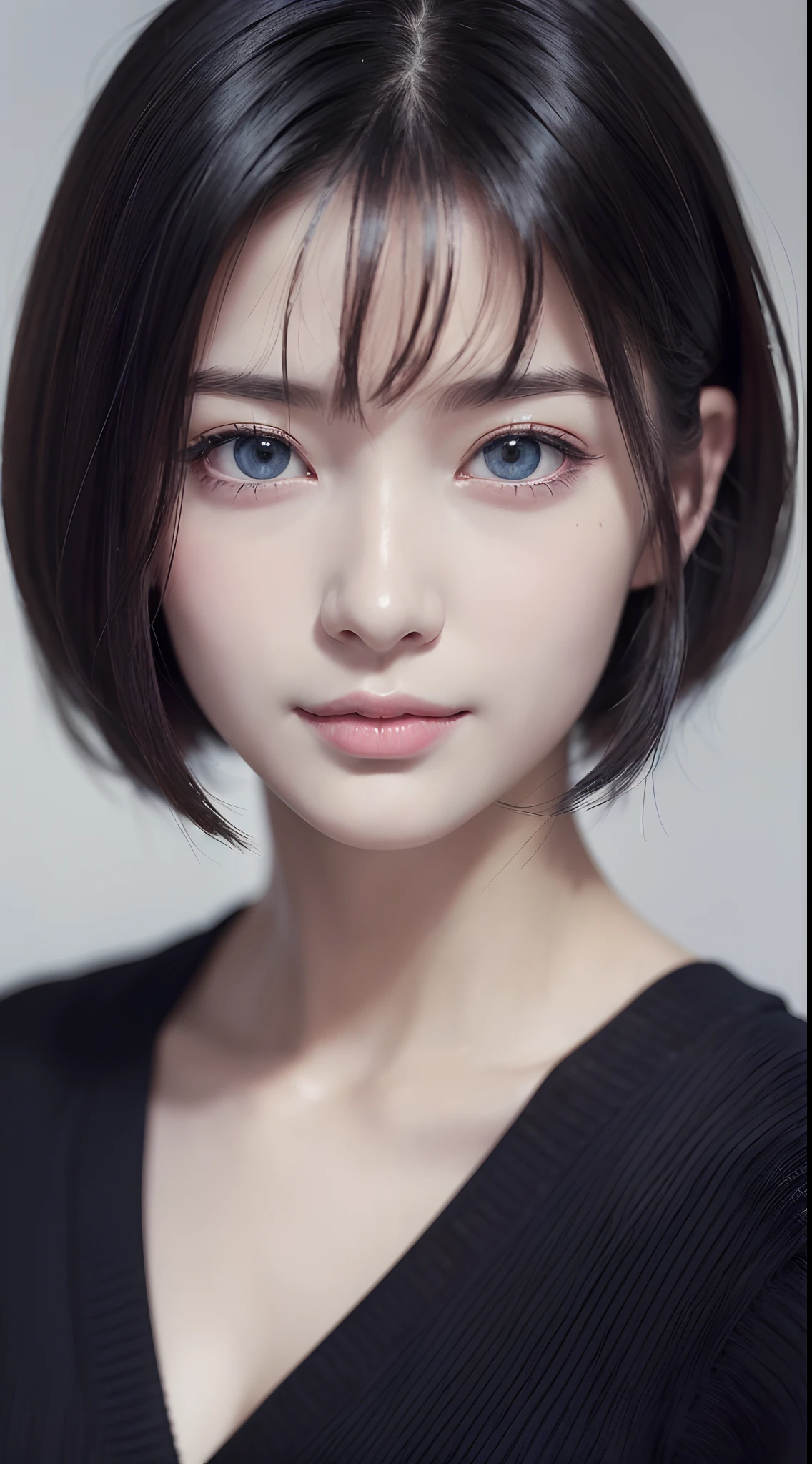 ((Girl with a sharp face)), ​masterpiece, The highest image quality, ultra-detailliert, (perfectbody:1.5), (Perfect face+dishevled hair+short curled hair), Close up of, Viewer's Perspective, She bent and lowered her body to match the gaze of the audience。detailed hairs,ssmile、Detailed eyes(realisticeyes),profetional lighting,Beautiful breasts,(Blue Eye),Tight black suit,white  shirt,((dark brown hair))