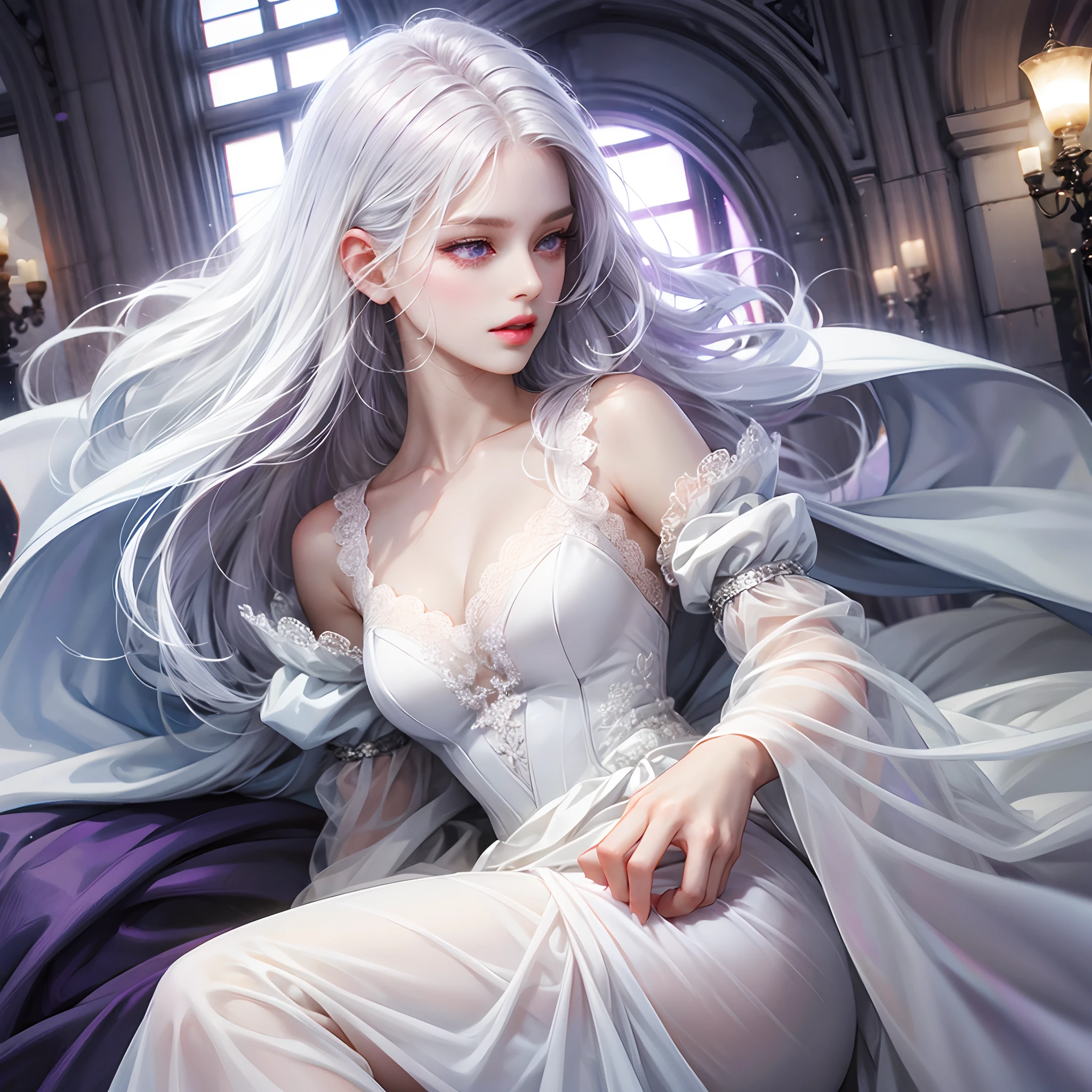 a women, white hair, purple eyes, white dress