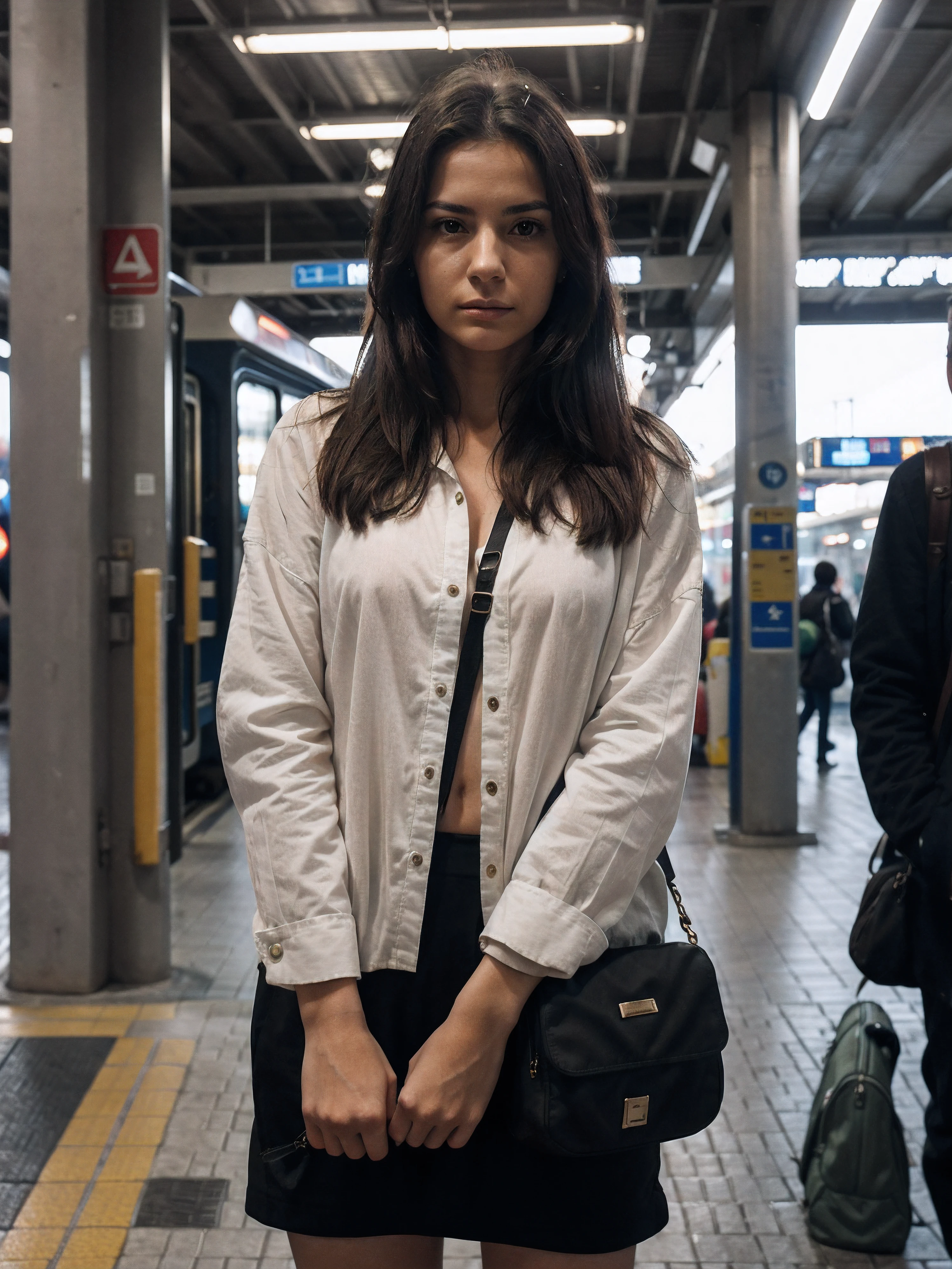 A female traveler prepares to wait for a journey at a train station, The details are sharp, flash photo