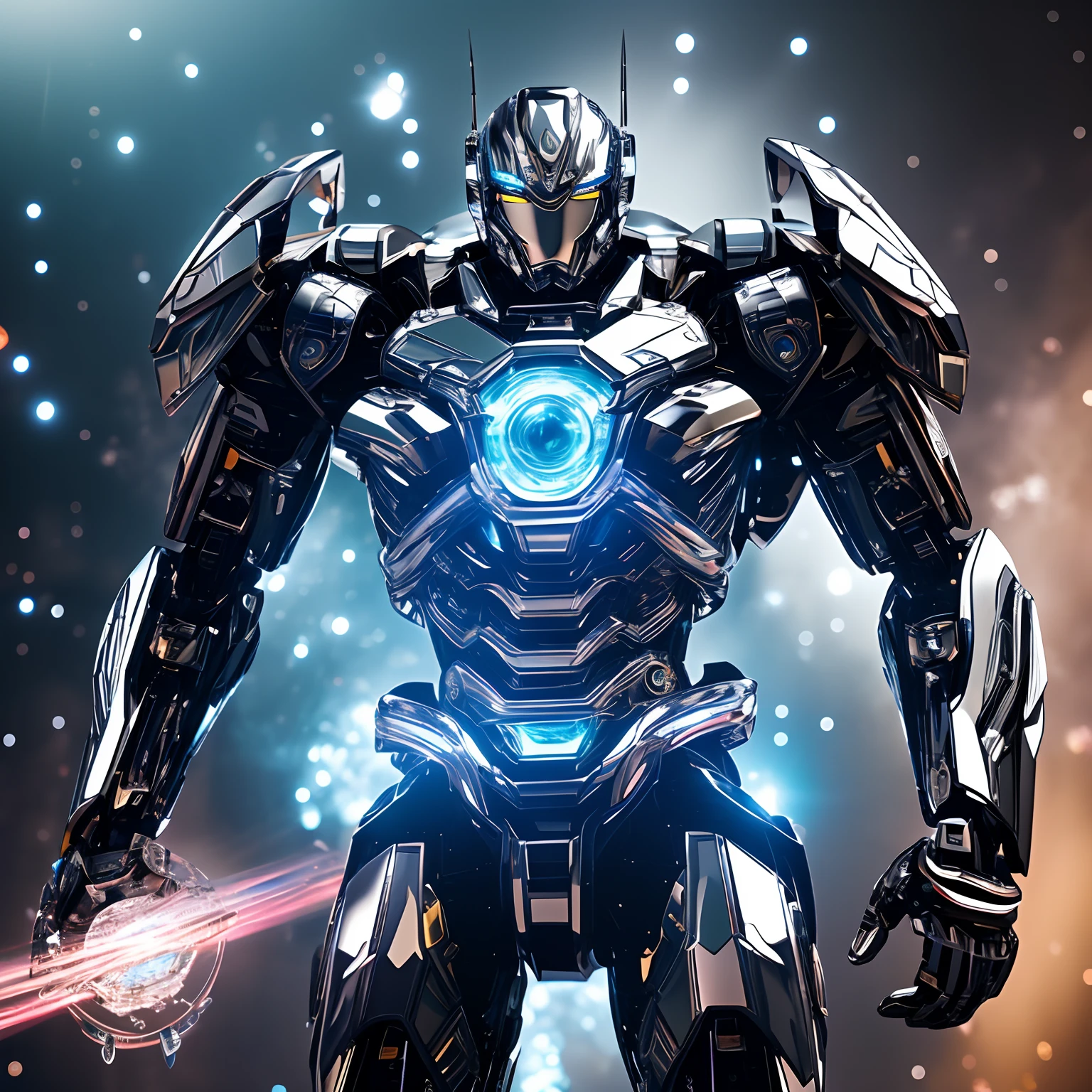 finest image, detailed and delicate depiction, Anime Brave REIDEEN-like robot, It is made of chrome-plated mirror-finished metal parts and jewelry parts with iridescent facets and round brilliant cuts, blurry background black iridescent light particles, fine water droplets, galaxy, professional lighting