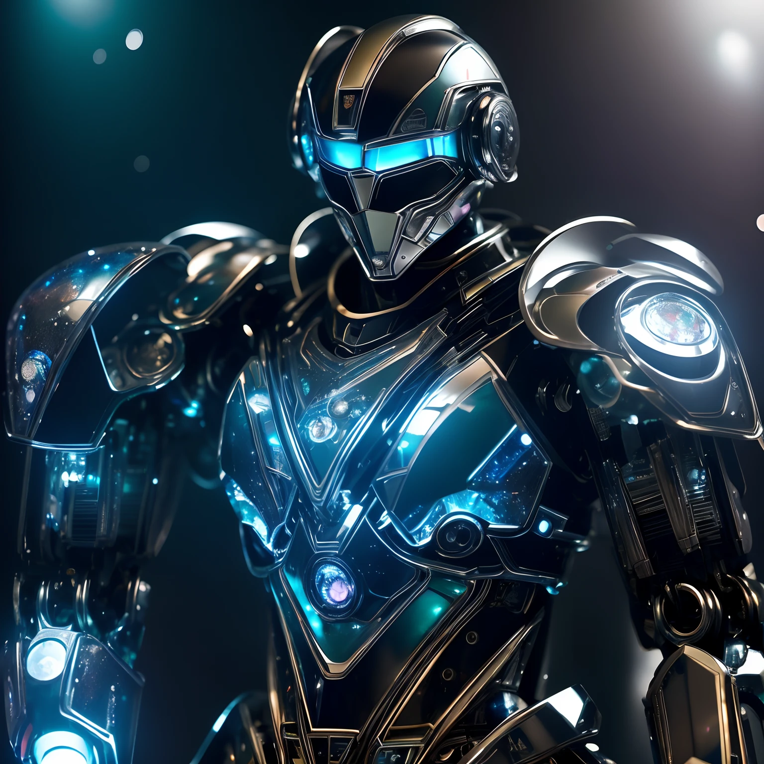 finest image, detailed and delicate depiction, Anime Brave REIDEEN-like robot, It is made of chrome-plated mirror-finished metal parts and jewelry parts with iridescent facets and round brilliant cuts, blurry background black iridescent light particles, fine water droplets, galaxy, professional lighting