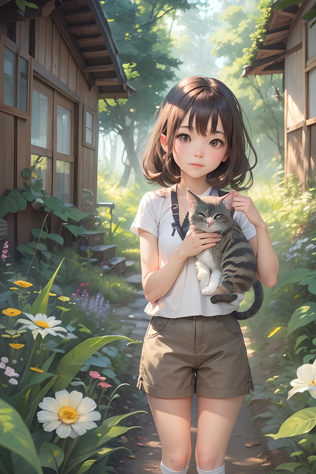 Girl and a cute cat with round eyes, Facing to the viewer, Forest trail walk, wild flower, There are houses in the distance