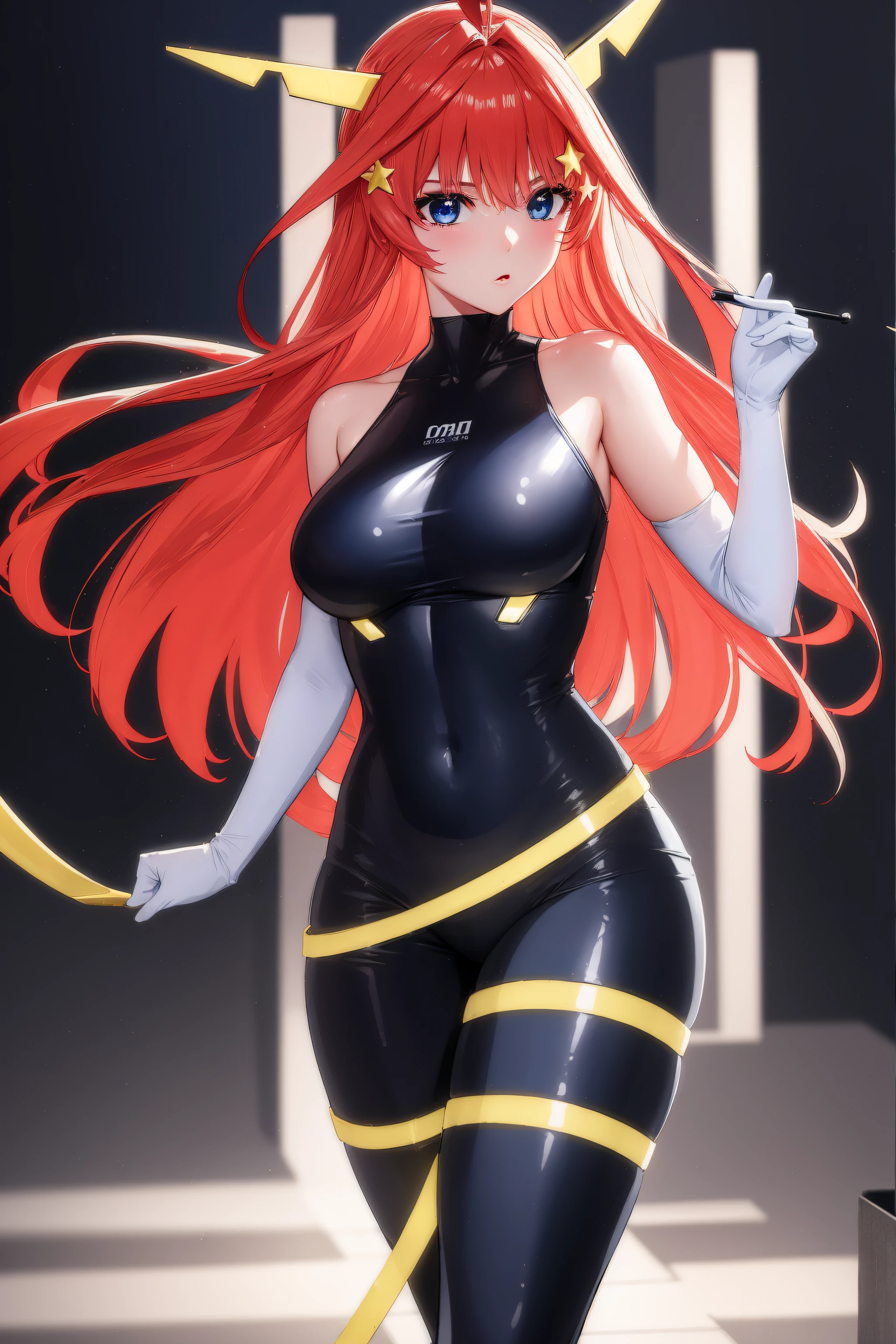 (Night:1.7), standing in front of a black background with green and blue lights,
bodysuit, headgear, plugsuit, white bodysuit,
 itsuki nakano, bangs, blue eyes, hair between eyes, ahoge, red hair, star \(symbol\), hair ornament, star hair ornament,
1 girl, 20yo,mature female,Beautiful Finger,Beautiful long legs,Beautiful body,Beautiful Nose,Beautiful character design, perfect eyes, perfect face,
looking at viewer, (big_eyes:1.0),(Light_smile:0.3),
official art,extremely detailed CG unity 8k wallpaper, perfect lighting,Colorful, Bright_Front_face_Lighting,
(masterpiece:1.0),(best_quality:1.0), ultra high res,4K,ultra-detailed,
photography, 8K, HDR, highres, absurdres:1.2, Kodak portra 400, film grain, blurry background, bokeh:1.2, lens flare, (vibrant_color:1.2)
(Beautiful,medium_Breasts:1.4), (beautiful_face:1.5),(narrow_waist),(perfect hands, perfect anatomy),