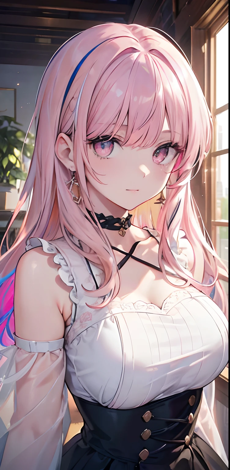 ((masterpiece)), breasts, looking_at_viewer, short hair, (multicolored_eyes:1.5), (pink hair:1.8), bangs, blue_eyes, ((light_smile)), (long locks:1.4), (ribbon earrings) , masterpiece, best quality, high quality, absurd, shiny skin, colorful, dynamic pose, stunning art, best quality, hyper detailed, dynamic angle, beatlful detailed, reflective hair, good lighting, ray tracing, depth of field, ultra -detailed, illustration, amazing, fine detail, extremely detailed, ((ultra-detailed)), (beautiful girl detailed), beautiful detailed shine, intricate detail, highres, an extremely delicate and beautiful, beautiful detailed eyes, realistic, HDR, round eyes, detailed facial features, (illustration), (beautiful detailed eyes), ((very detailed face)), depth_of_field, eyebrows_visible_through_hair, ruffles, looking_at_viewer, (upper body: 1.4), clothes reflecting light, (diffraction of light on skin: 1.35), (shiny skin: 1.55), (Iridescence Effect: 1.55), clavicle, white_shirt, long_sleeves, choker, flower, camera, (indoor, potted plant: 1.5), critical angle,