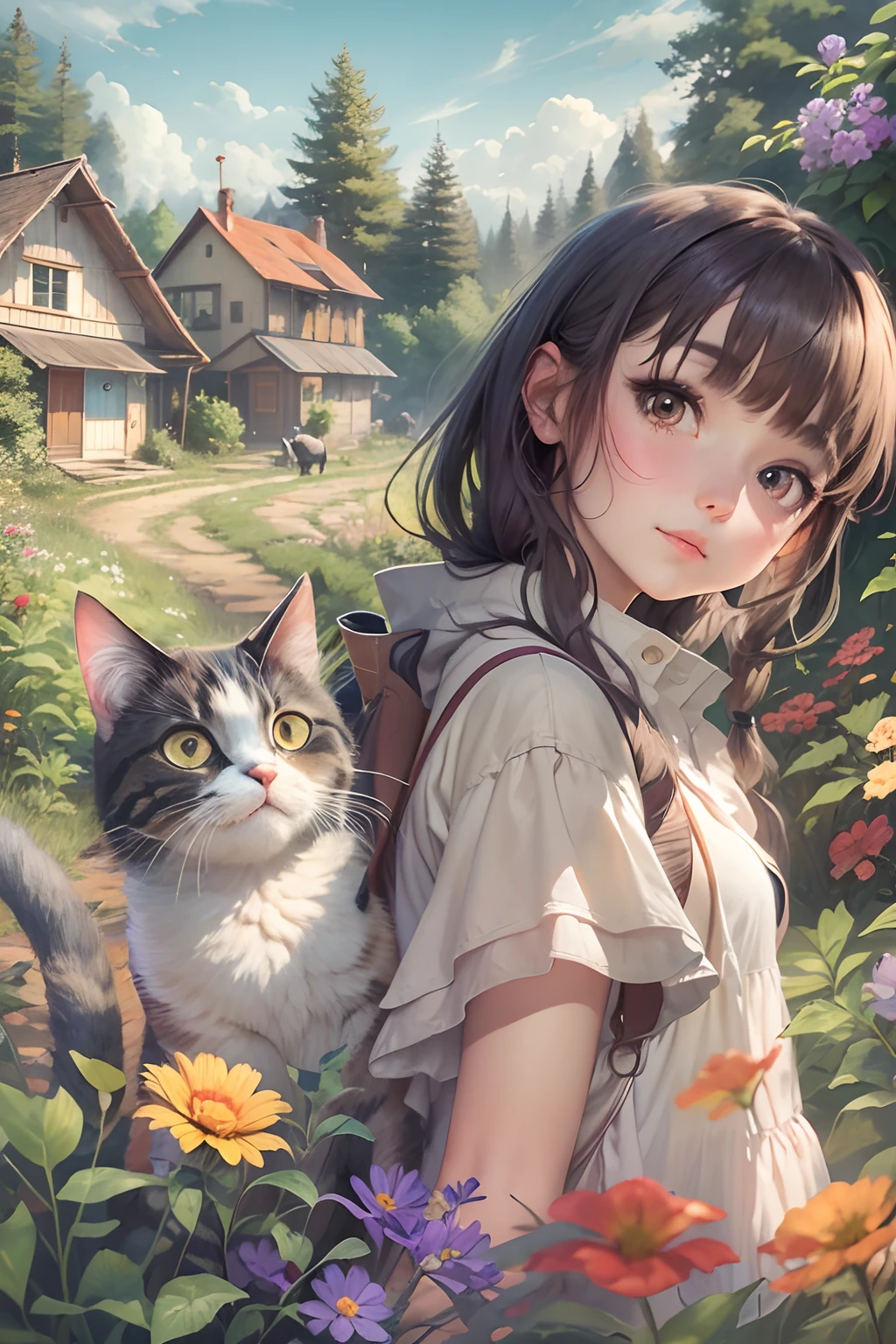 Girl and a cute cat with round eyes, Facing to the viewer, Forest trail walk, wild flower, There are houses in the distance