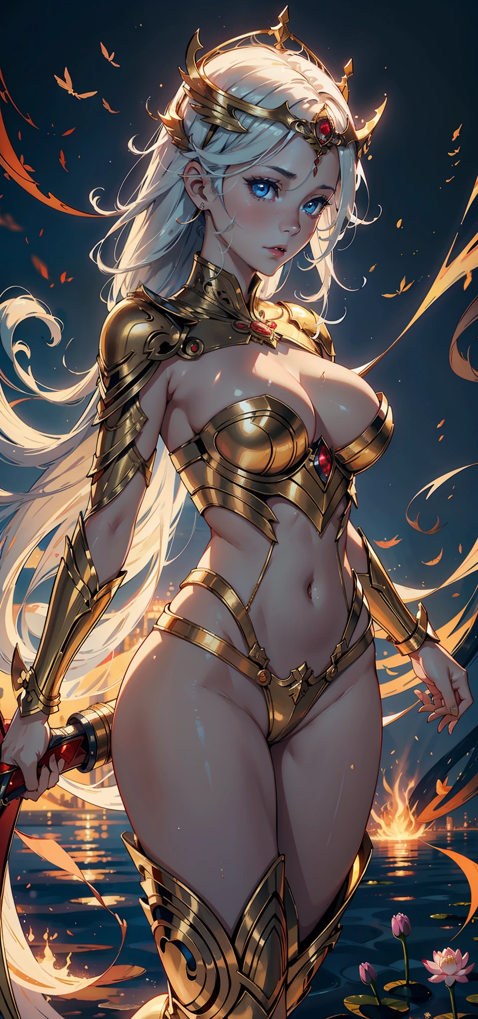 1female,Married Woman,A MILF,熟妇,mature,extremely large bosom,plumw(Background with:lakes,Cherry blossom forest,lotus flower)Lie underwater, She has long white hair,seen from the front,mostly cloudy sky,(((tmasterpiece),(Very detailed CG unity 8K wallpaper),best qualtiy,cinmatic lighting,detailed back ground,beatiful detailed eyes,Bright pupils,Blue eyes,Snow-whiteskin,Redlip(Very fine and beautiful),(Beautiful and detailed eye description),ultra - detailed,tmasterpiece,))facing at camera,A high resolution,ultra - detailed),revealing breasts,Bare genitalia, Bulge,legs are open,Raised sexy,Camel toes,Desire for dissatisfaction,frontage,Battle Angel,Armed with a flame sword,,angelic halo,Armour,Gold wire embroidery(Wearing :hijabi sluty,Bare breasts,Bare lower body,nakeness,Armour,shelmet, Gold holy clothes,Red cape)