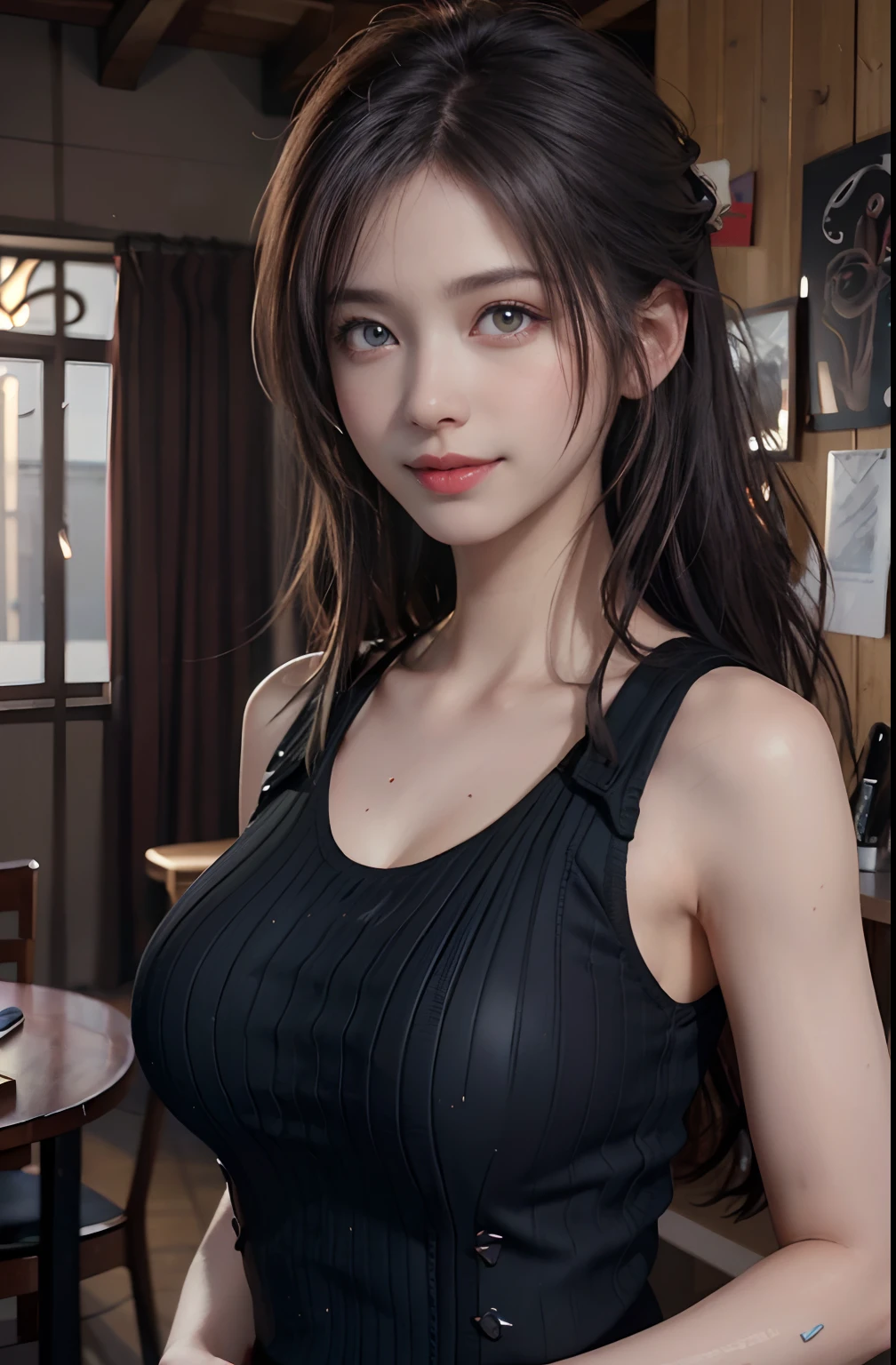 (masterpiece: 1.6, 最high quality), (fine and beautiful eyes: 1.2), (overhead), high quality, beautiful face, 1 girl, , one piece、thin、off shoulder、long sleeve, big breasts, long hair, wide hips, (((灰色のニットone piece))),background, Detail background, creepy smile, put a smile on the corner of your mouth, long coat, shirt, tie, office lady,、big breastsの谷間、Hotel、bedroom、Long breasts、saggy breasts、emphasize cleavage、Bedroom、Random Sexy Poses、(((dripping sweat、oil skin,sparkling skin、realistic skin texture、detailed beautiful skin、white skin shiny skin、shiny skin)))