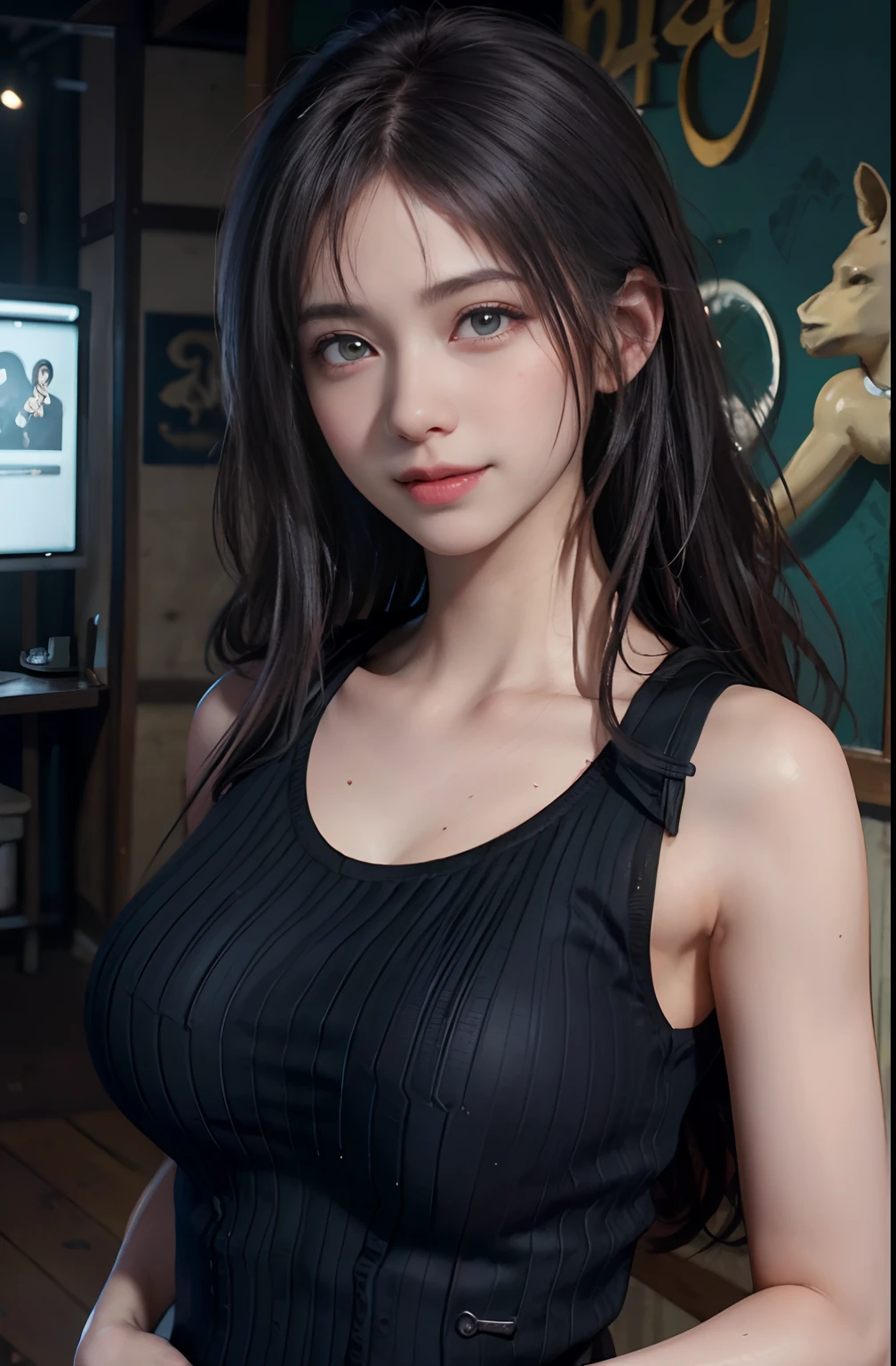 (Ultra Realistic), (Illustration), (High Resolution), (8K), (Very Detailed), (Best Illustration), (Beautiful Detailed Eyes), (Best Quality), (Ultra Detail), (Masterpiece), (Wallpaper), (Detailed Face), Upper Body Up,Armpits, Smiling,Plump,Solo,Simple Black Tank Top Girl, Sweaty, Japan People, Big, (Camel Toe)