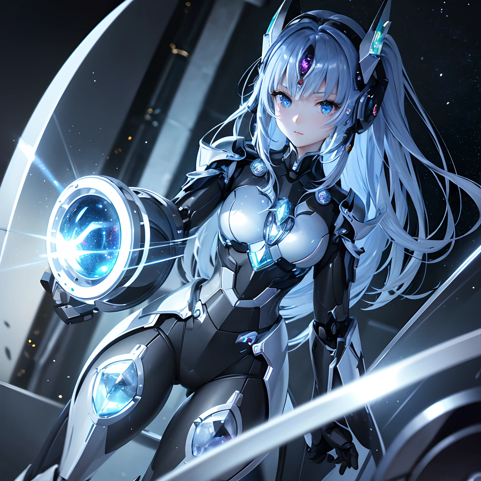 finest image, detailed and delicate depiction, Anime Brave REIDEEN-like robot, It is made of chrome-plated mirror-finished metal parts and jewelry parts with iridescent facets and round brilliant cuts, blurry background black iridescent light particles, fine water droplets, galaxy, professional lighting