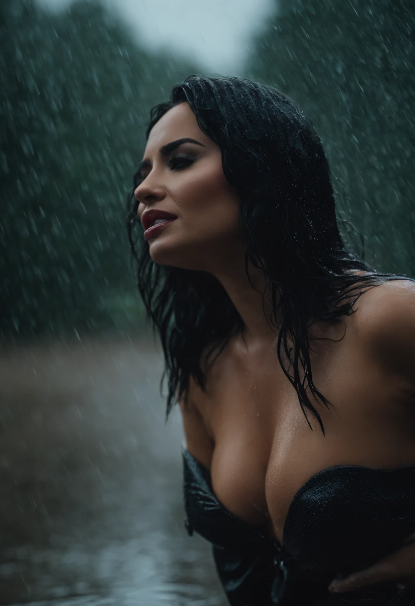 Demi Lovato naked in the rain, beautiful tits showing, dripping wet, biting her lip