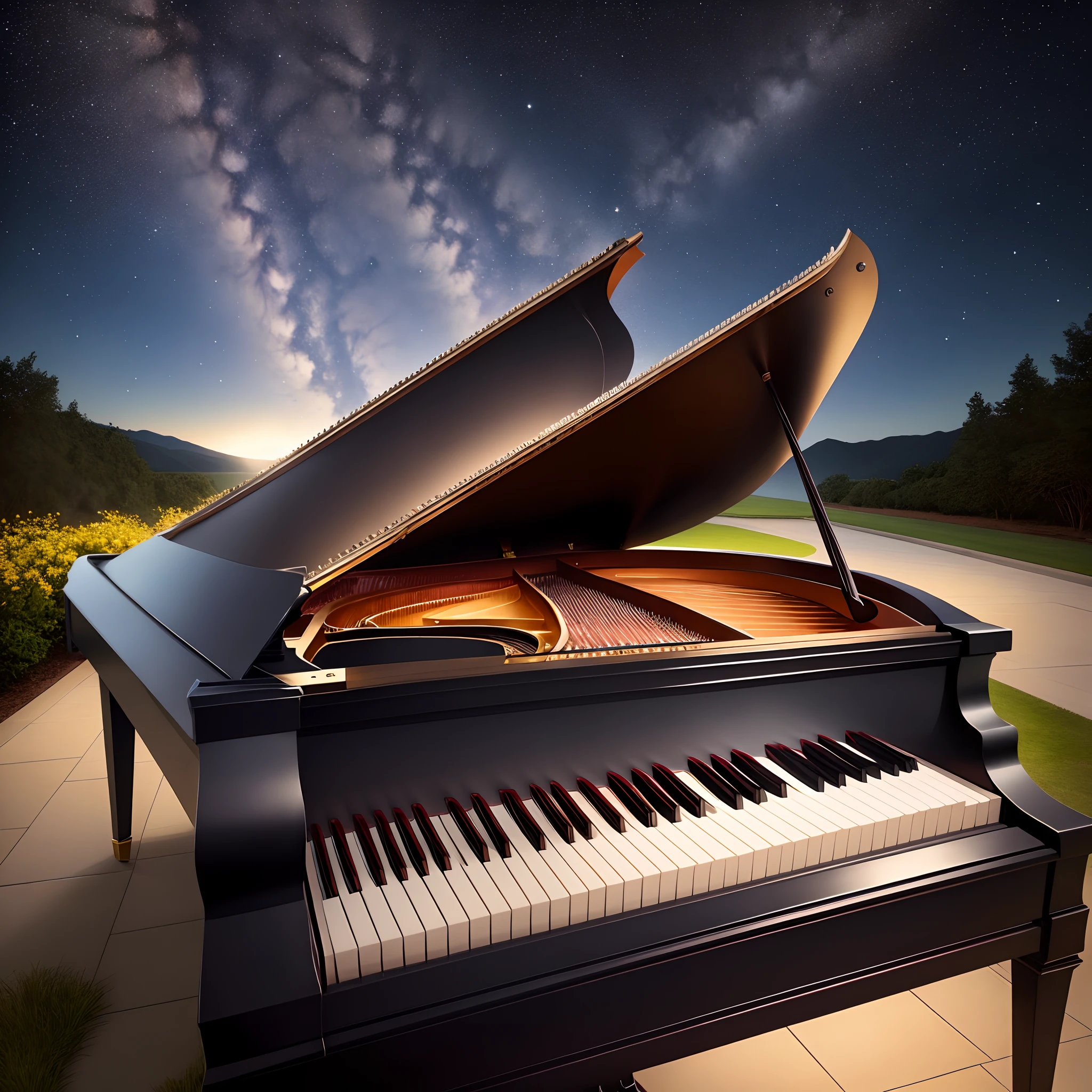 There is a grand piano under the starry sky.
