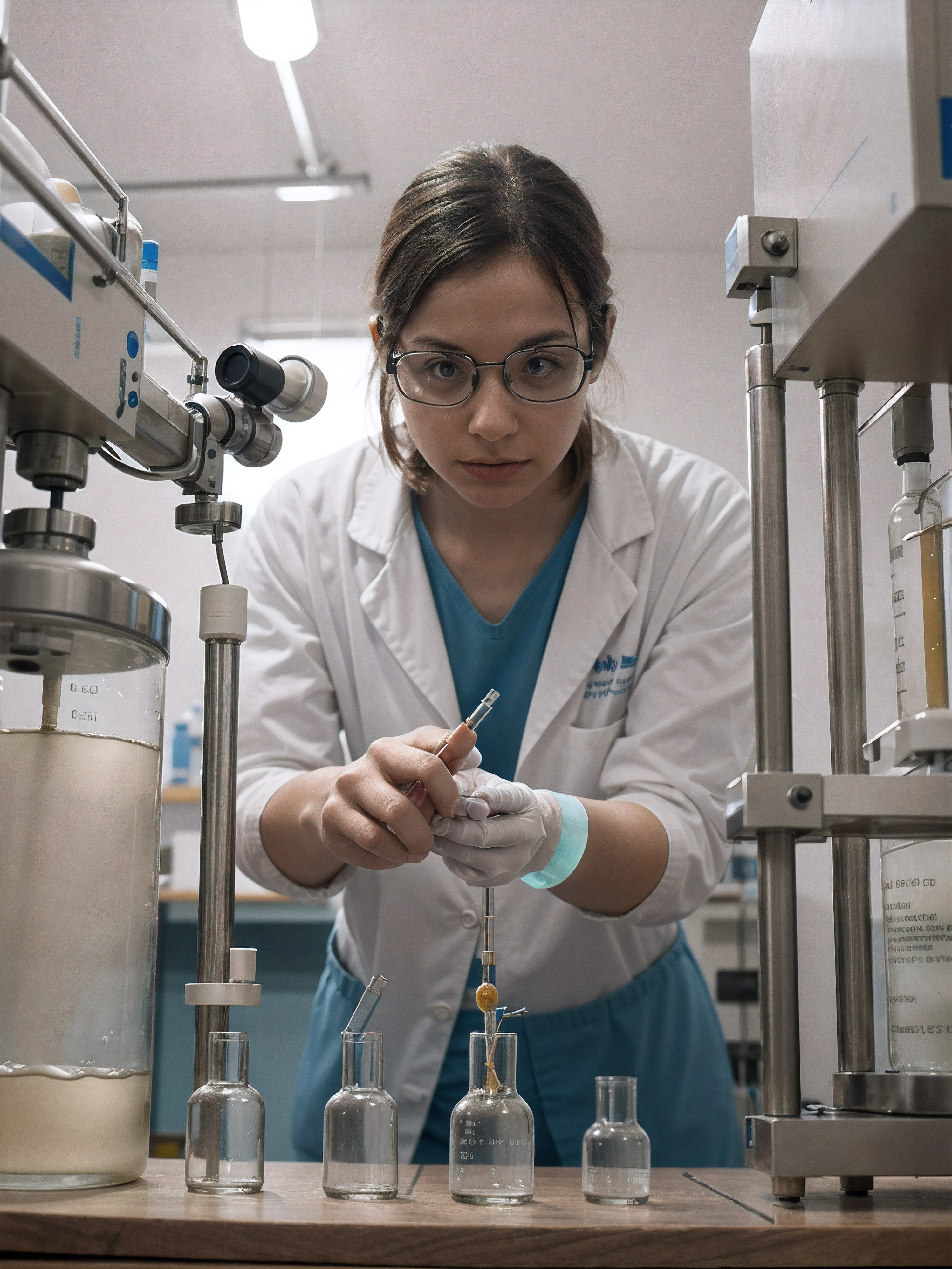 A realistic image of a scientist in a laboratory, surrounded by test tubes and microscopes, conducting experiments. Shot from a close-up angle to capture the sense of precision and curiosity, nude