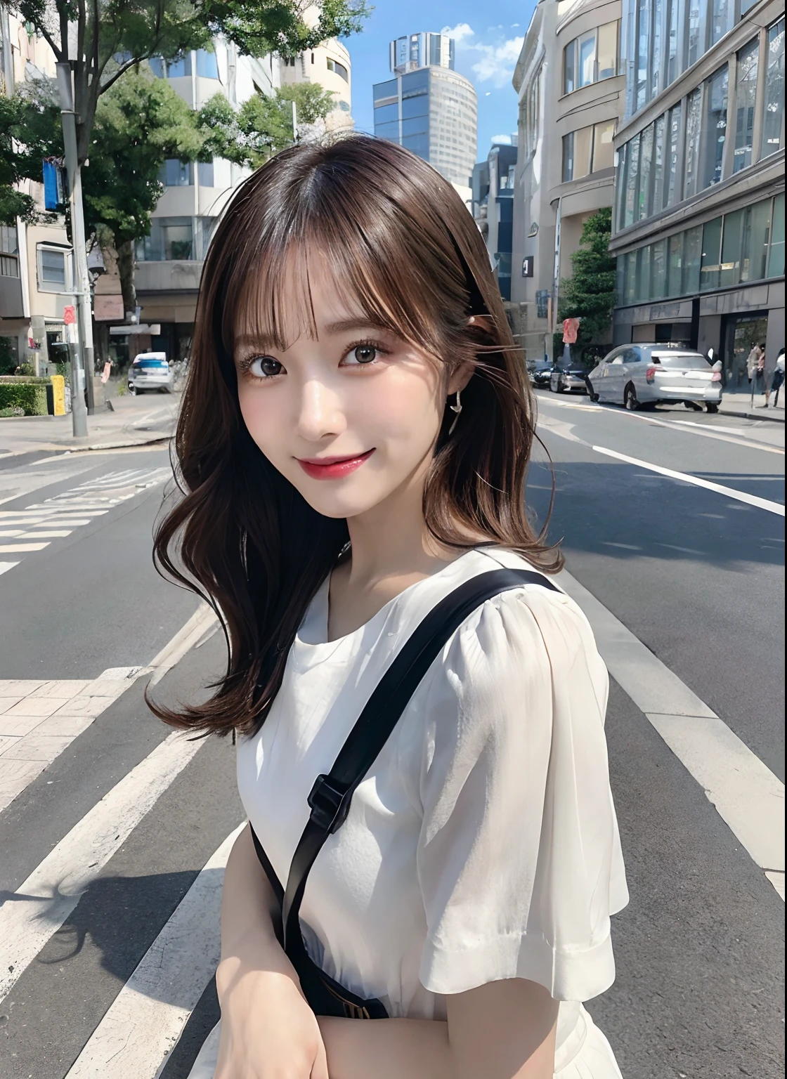 masutepiece, Best Quality, Illustration, Ultra-detailed, finely detail, hight resolution, 8K Wallpaper, Perfect dynamic composition, Beautiful detailed eyes, Medium Hair, Natural Color Lip, Random Poses,Smile,Aoyama Street Walk、20 years girl, Beautuful Women、Fiddling with your phone in the middle of the street、Short clothing