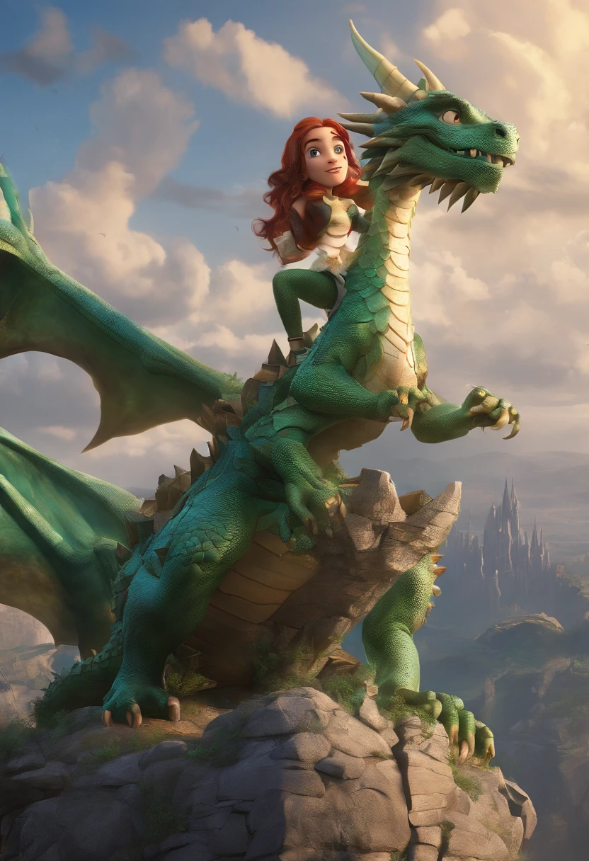 (best quality,4k,8k,highres,masterpiece:1.2),ultra-detailed,(realistic,photorealistic,photo-realistic:1.37),portrait of a woman,on top of a Dragon,cartoon style,front view,Disney Pixar style,3D movie,vivid colors,full body,anime