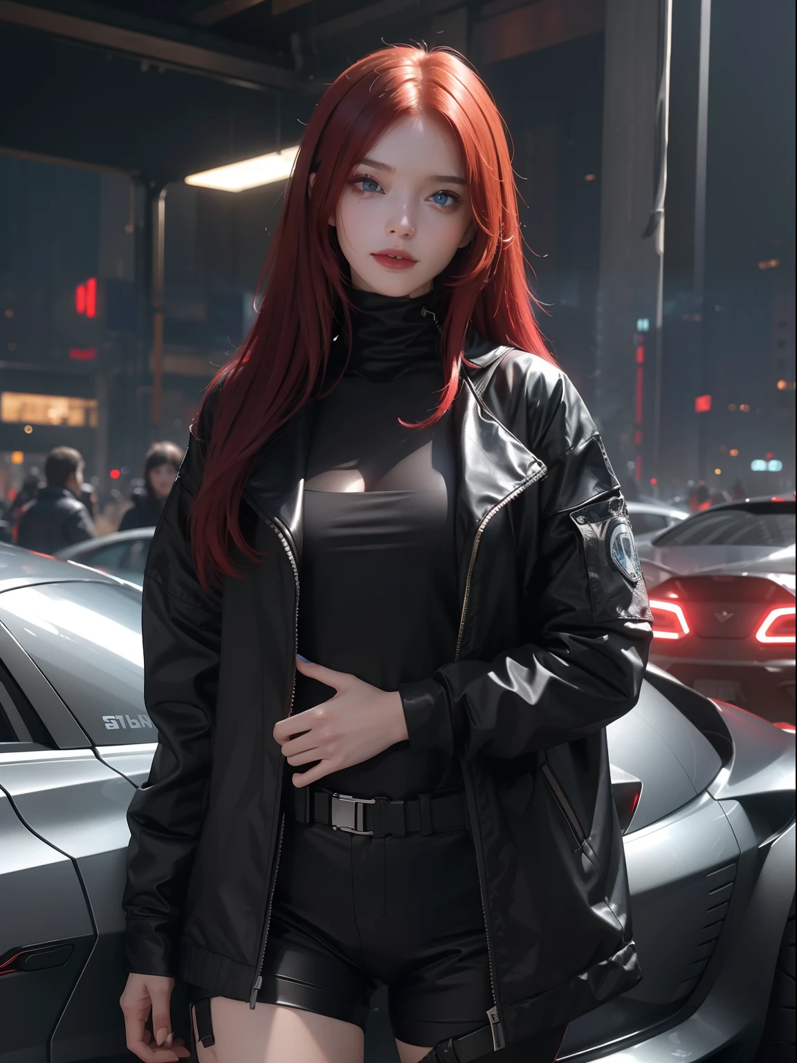 Masterpiece , A girl , Red long-haired , Blue eyes , Gradient , Perfect figure , ( techwear outfits:1.2) , Cyberpunk , future , Modernity , at cyberpunk city, lite smile , Detailed face ,, , (8K, Best quality 1.2), Ultra-detailed, 8K, Ultra HD,, Soft lighting, High quality, filmgrain, Beautiful lighting,, (Cinematic:1.4) ,Perfect body , Best illumination, Best shadow, Sharpness, Contrast,